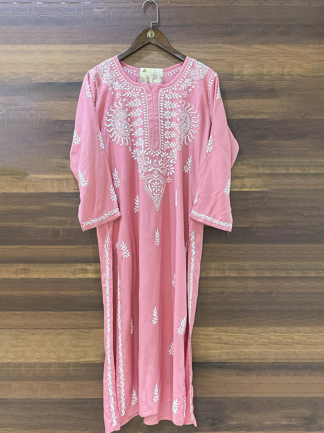 Ada Hand Embroidered Salmon Peach Rayon Lucknowi Chikankari Straight Kurta A411486