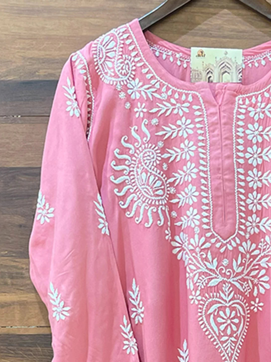 Ada Hand Embroidered Salmon Peach Rayon Lucknowi Chikankari Straight Kurta A411486