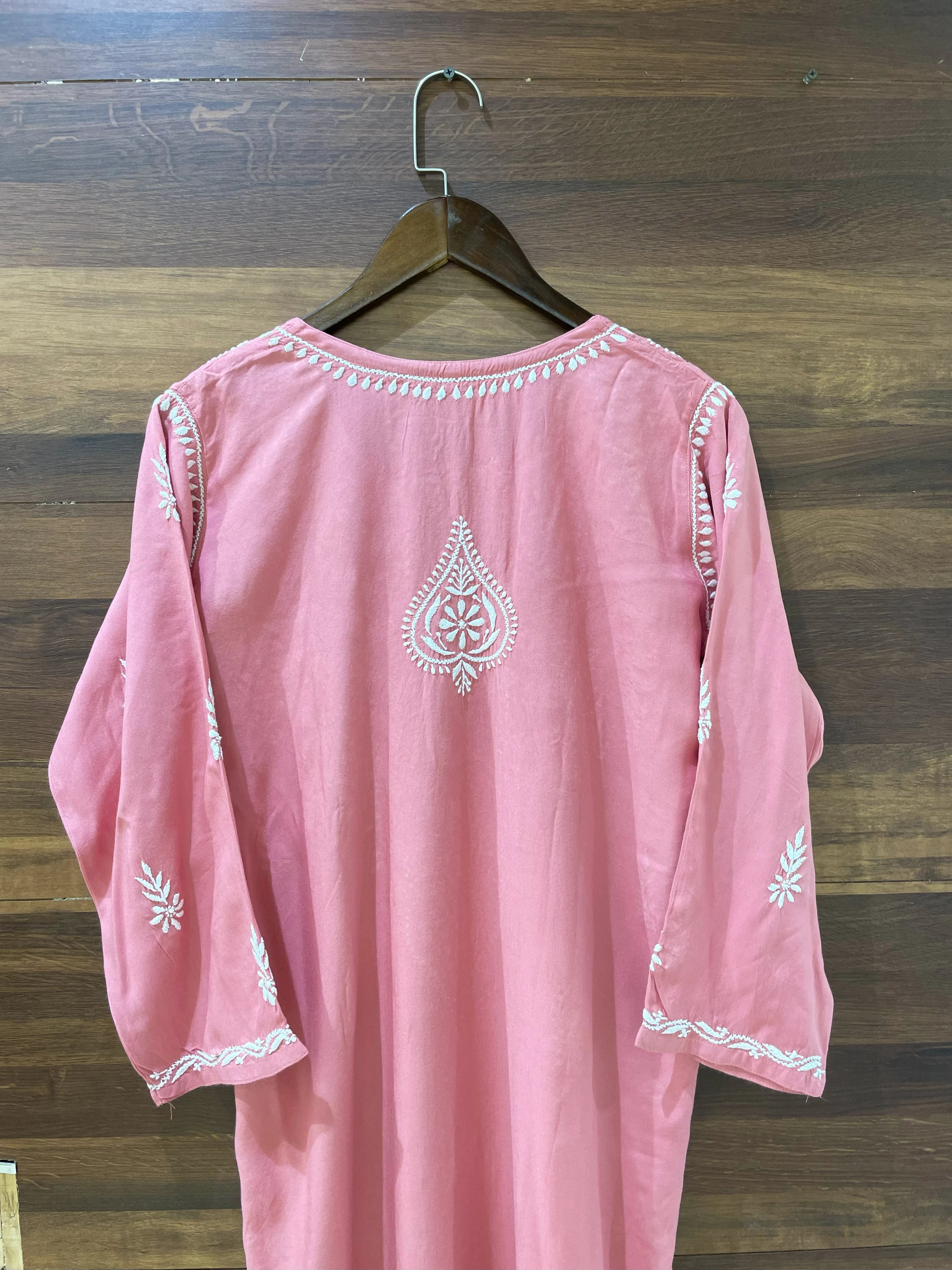 Ada Hand Embroidered Salmon Peach Rayon Lucknowi Chikankari Straight Kurta A411486