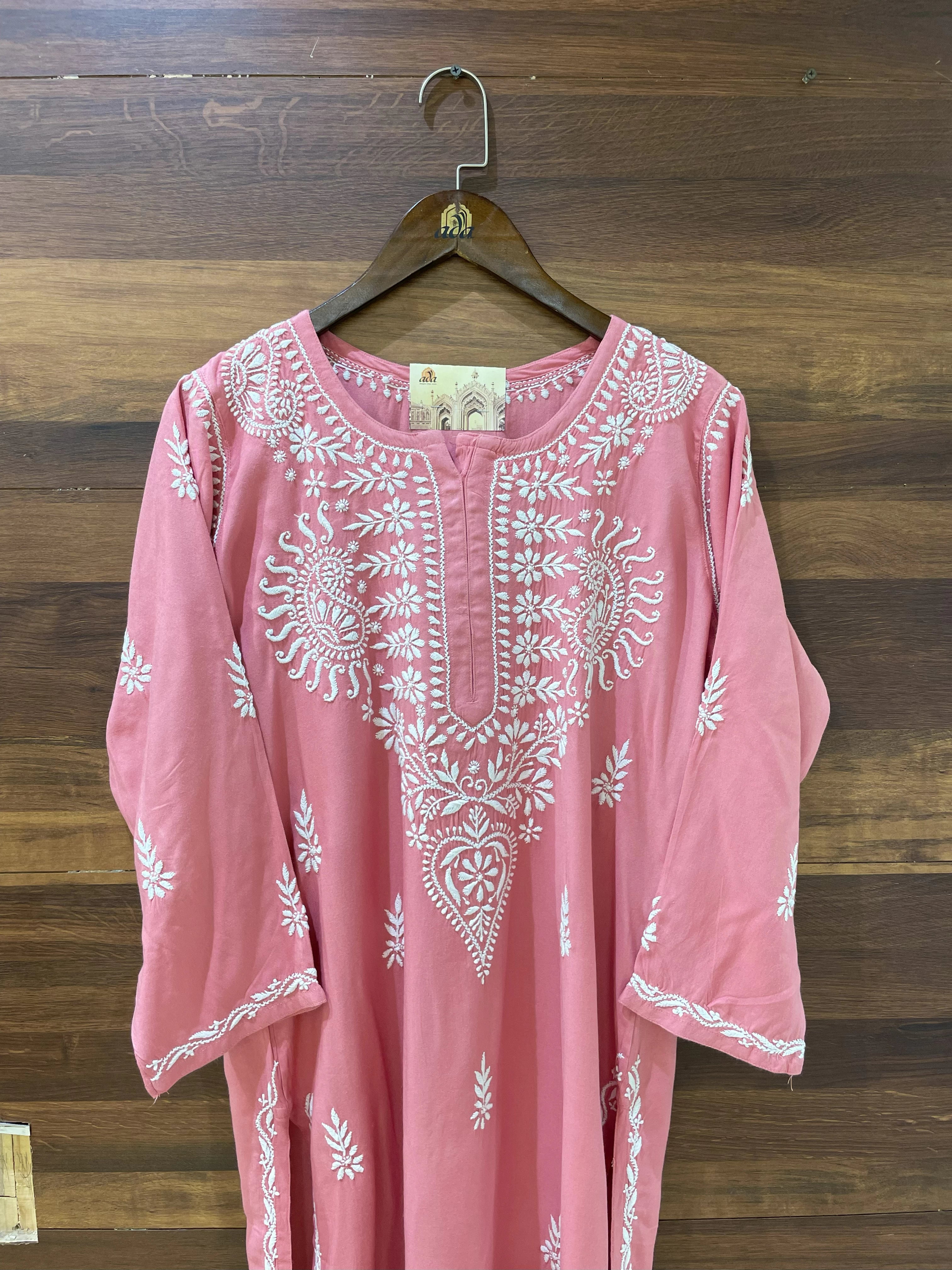 Ada Hand Embroidered Salmon Peach Rayon Lucknowi Chikankari Straight Kurta A411486