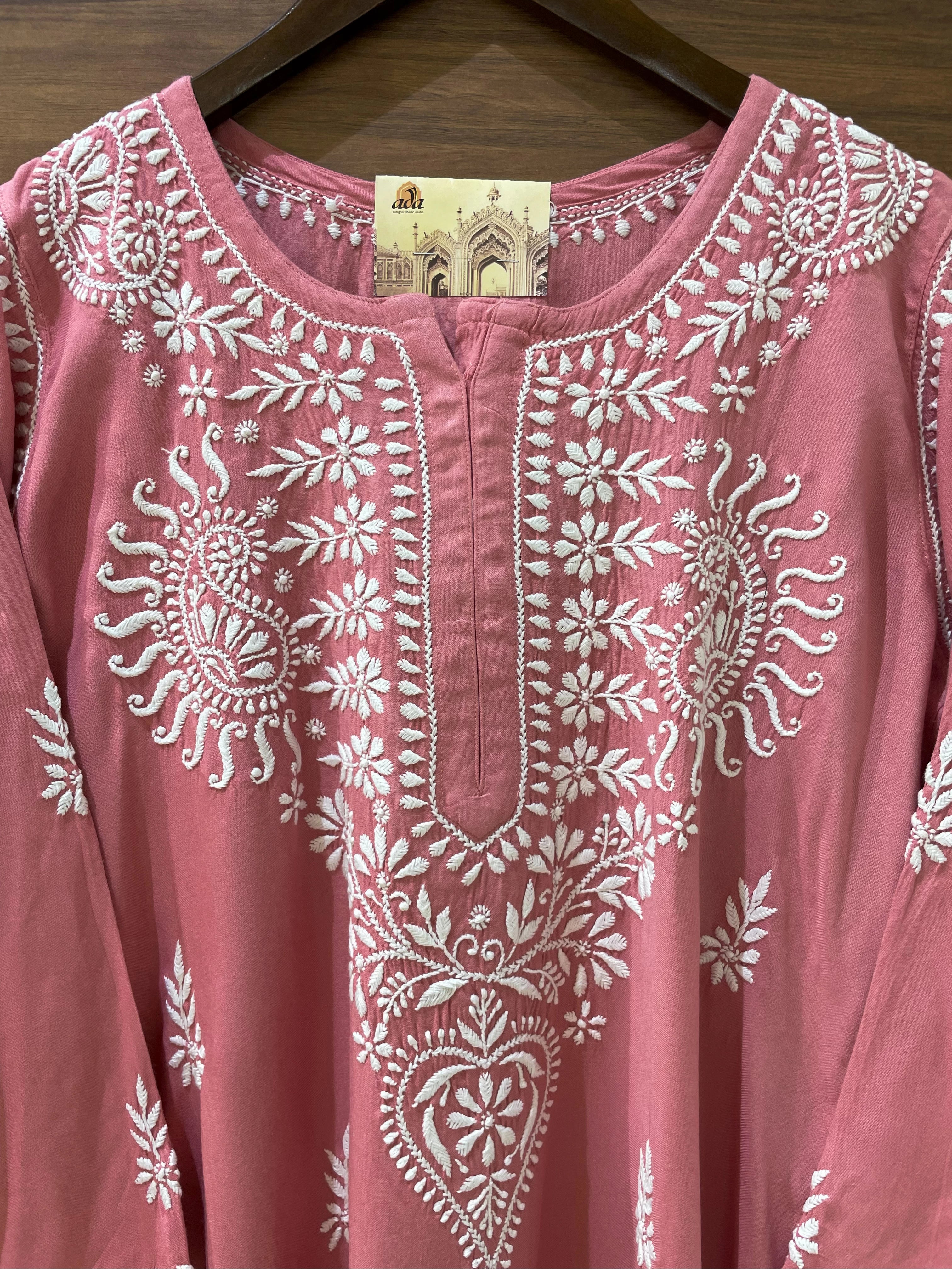 Ada Hand Embroidered Salmon Peach Rayon Lucknowi Chikankari Straight Kurta A411486