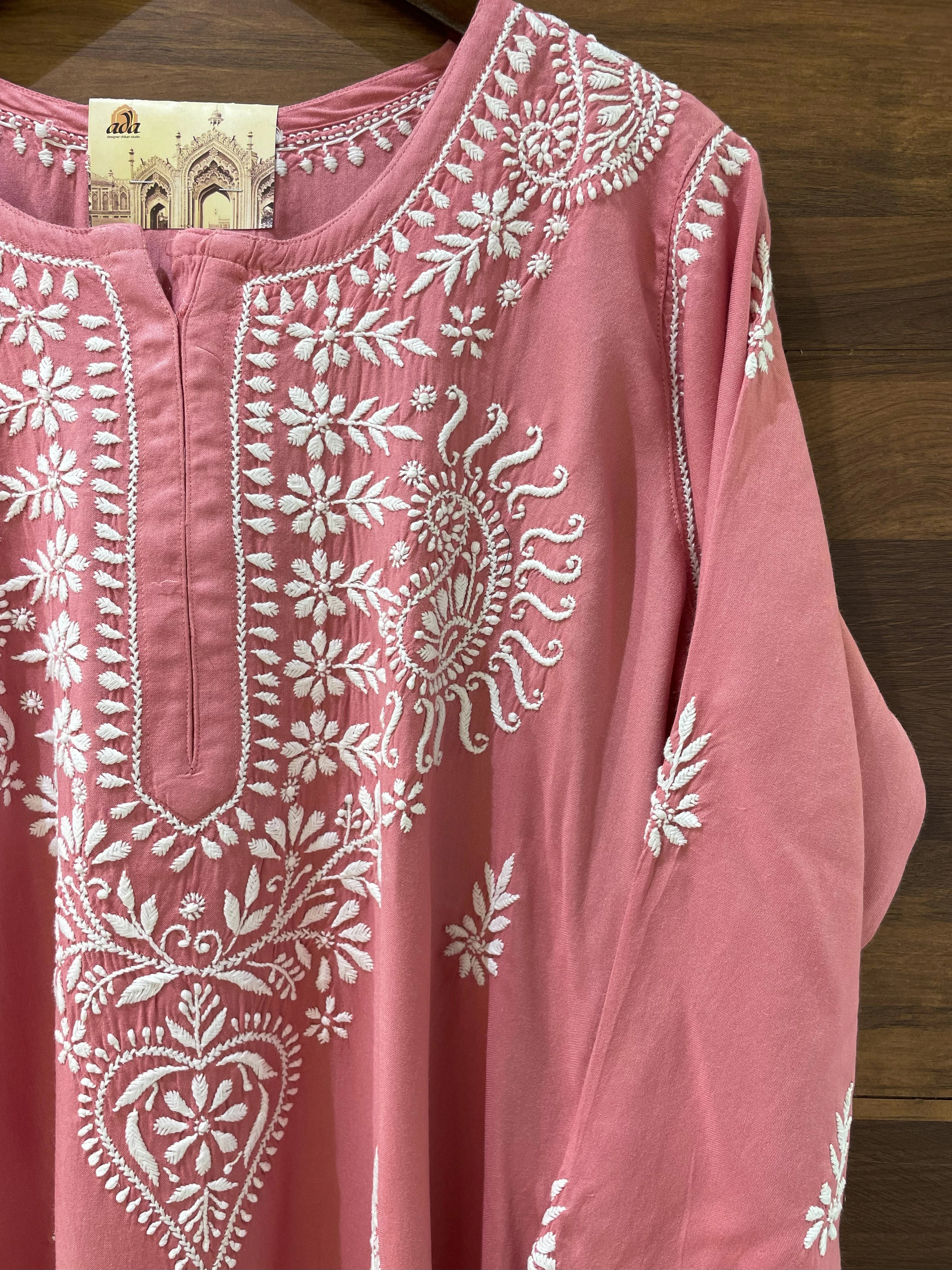 Ada Hand Embroidered Salmon Peach Rayon Lucknowi Chikankari Straight Kurta A411486