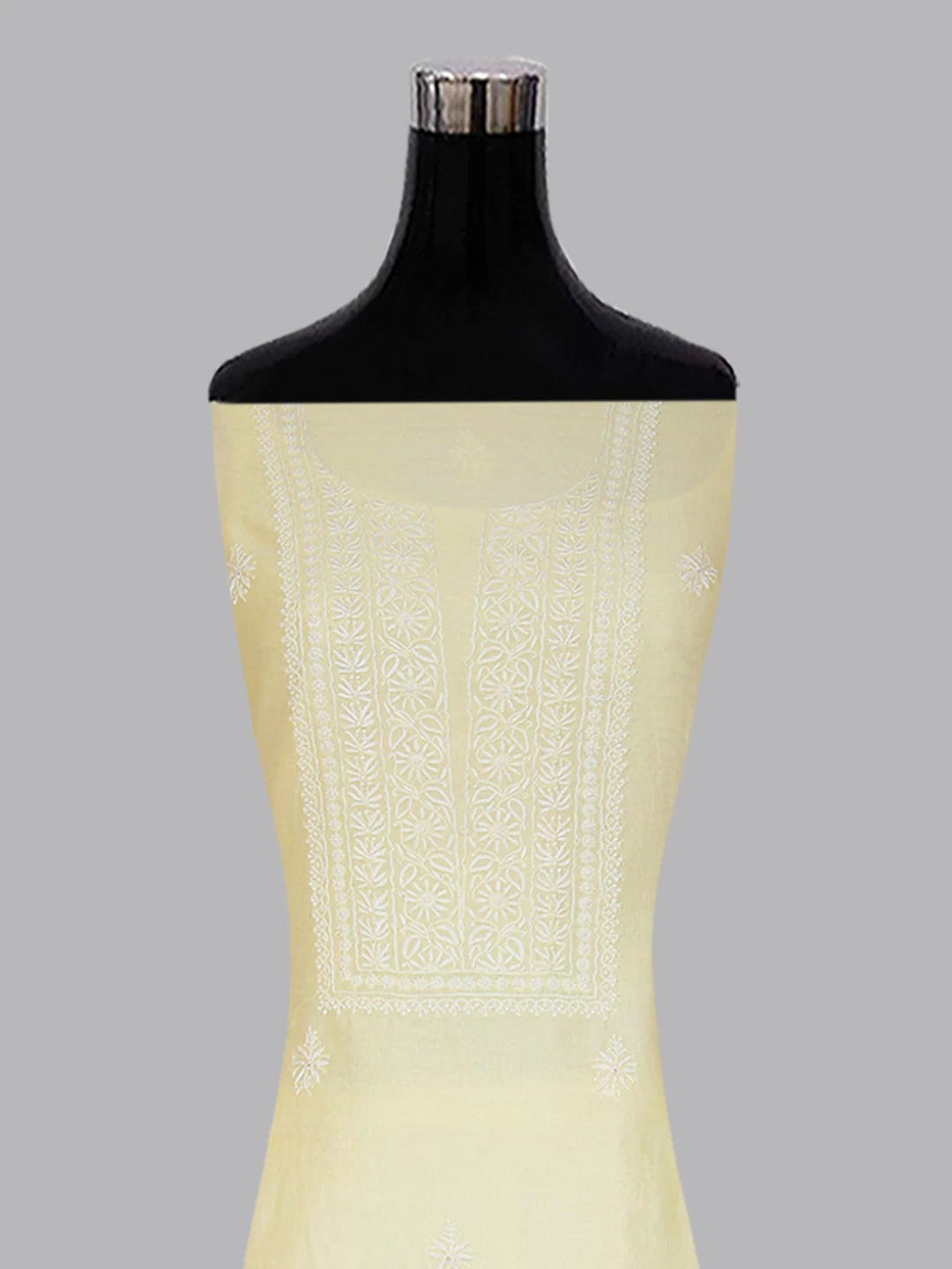 Ada Hand Embroidered Lemon Chanderi Lucknowi Chikankari Unstitched Kurta Dupatta Set 01A288323