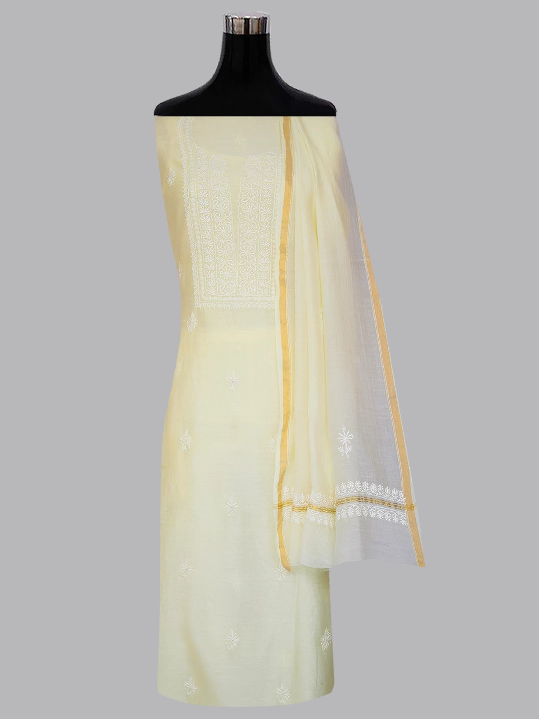Ada Hand Embroidered Lemon Chanderi Lucknowi Chikankari Unstitched Kurta Dupatta Set 01A288323