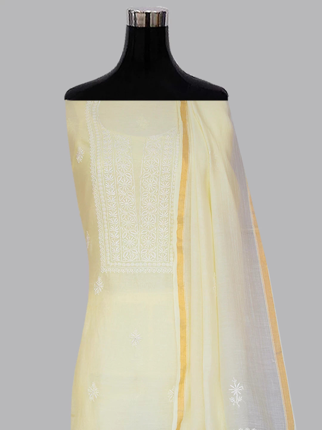 Ada Hand Embroidered Lemon Chanderi Lucknowi Chikankari Unstitched Kurta Dupatta Set 01A288323