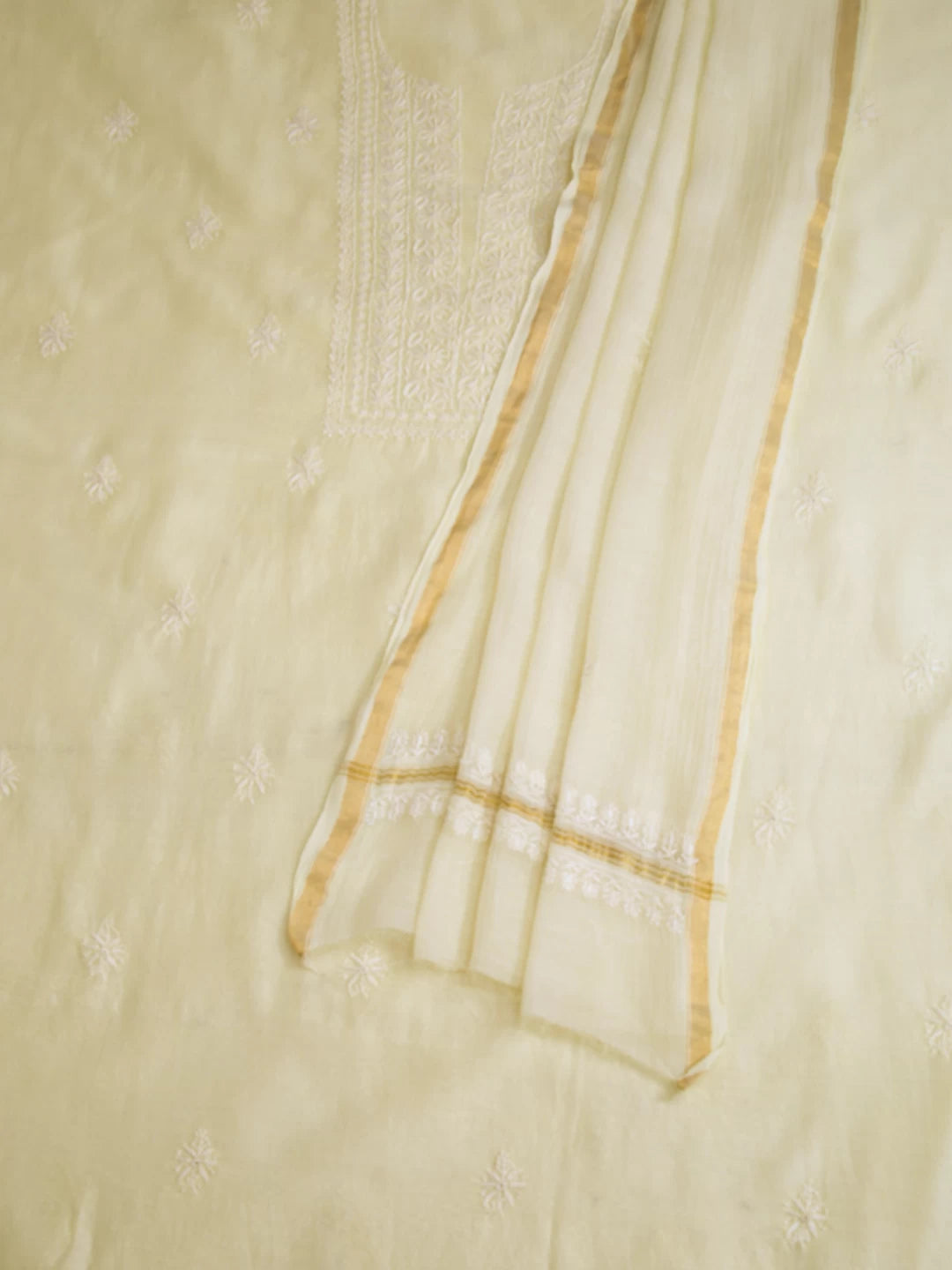 Ada Hand Embroidered Lemon Chanderi Lucknowi Chikankari Unstitched Kurta Dupatta Set 01A288323