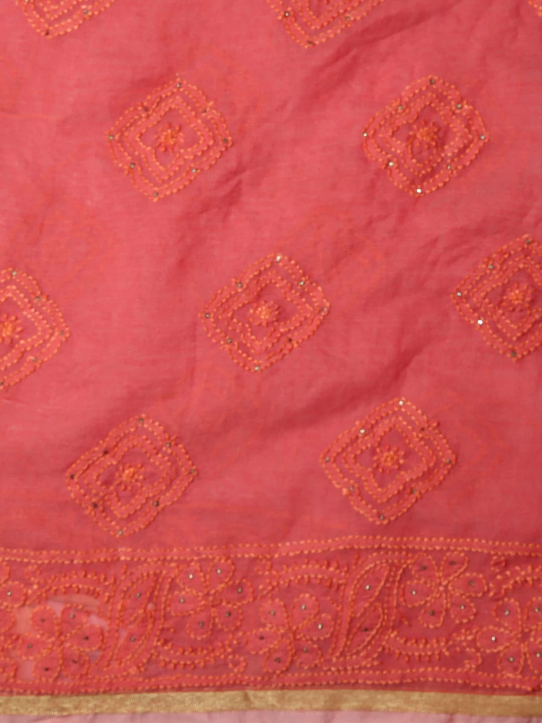 Ada Hand Embroidered Rouge Pink Chanderi Lucknowi Chikankari Unstitched Kurta Piece With Mukaish Work 01A196978
