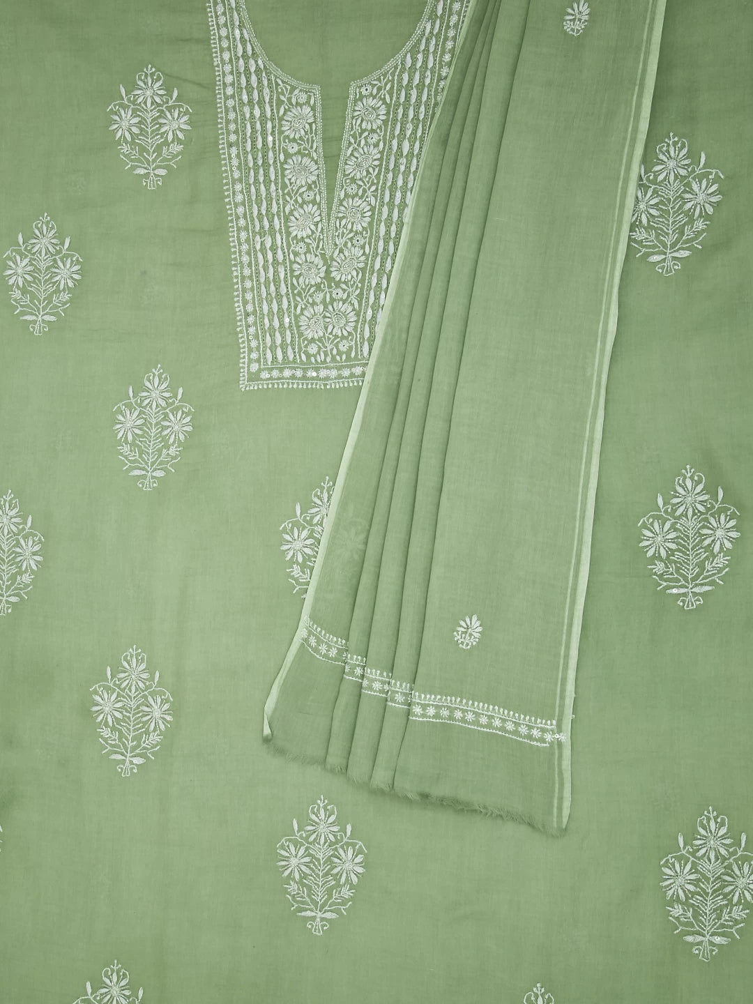 Ada Hand Embroidered Sage Green Cotton Blend Lucknowi Chikanikari Unstitched Kurta Dupatta Set With Cutdana Work 01A361760