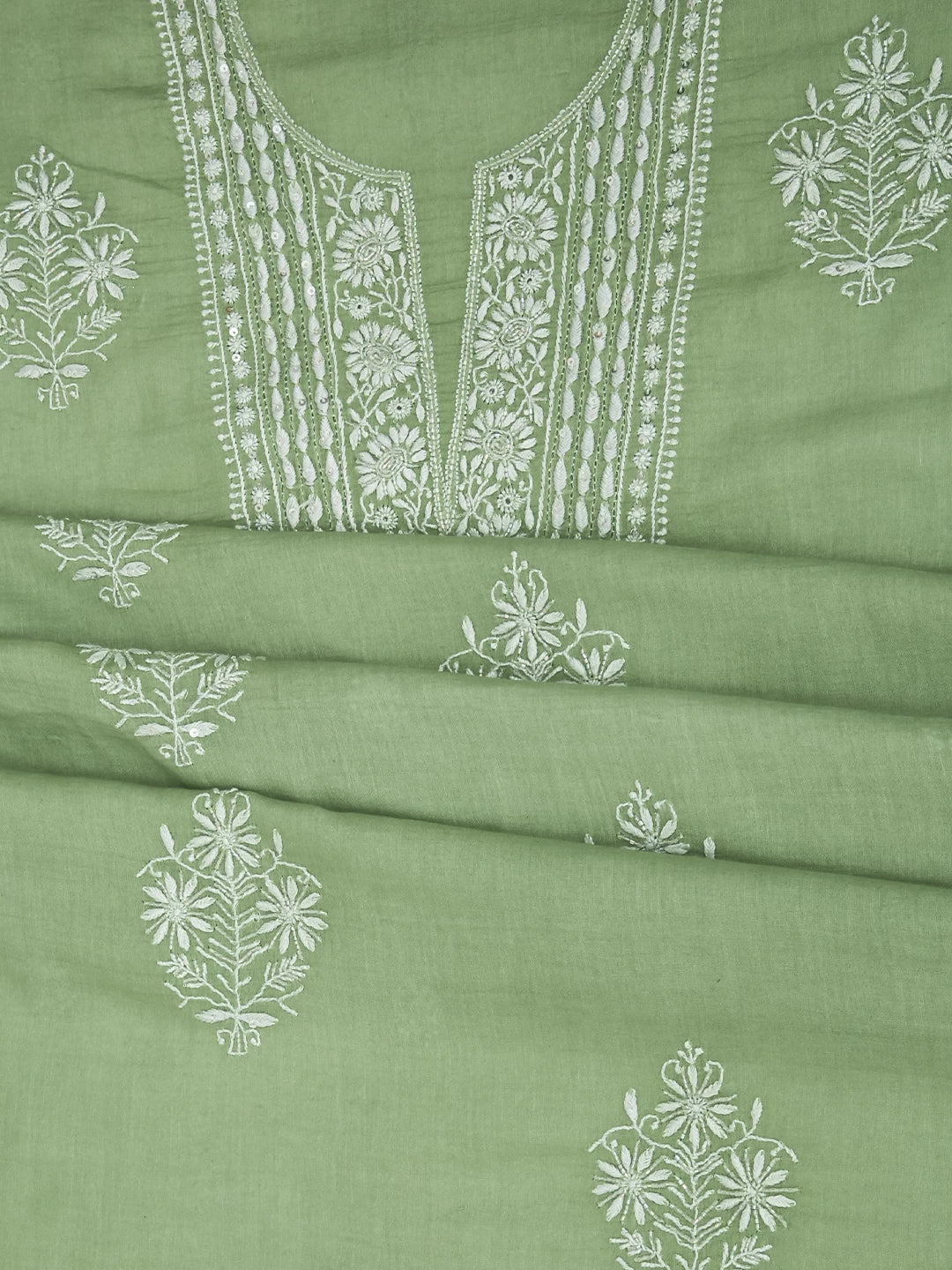 Ada Hand Embroidered Sage Green Cotton Blend Lucknowi Chikanikari Unstitched Kurta Dupatta Set With Cutdana Work 01A361760