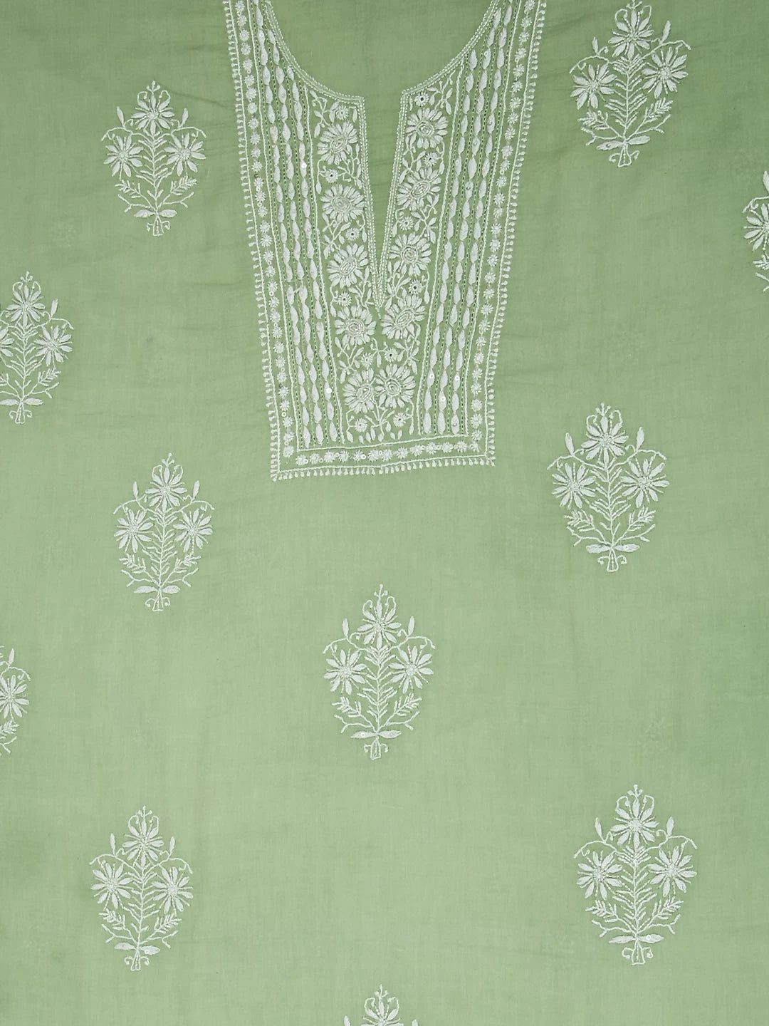 Ada Hand Embroidered Sage Green Cotton Blend Lucknowi Chikanikari Unstitched Kurta Dupatta Set With Cutdana Work 01A361760