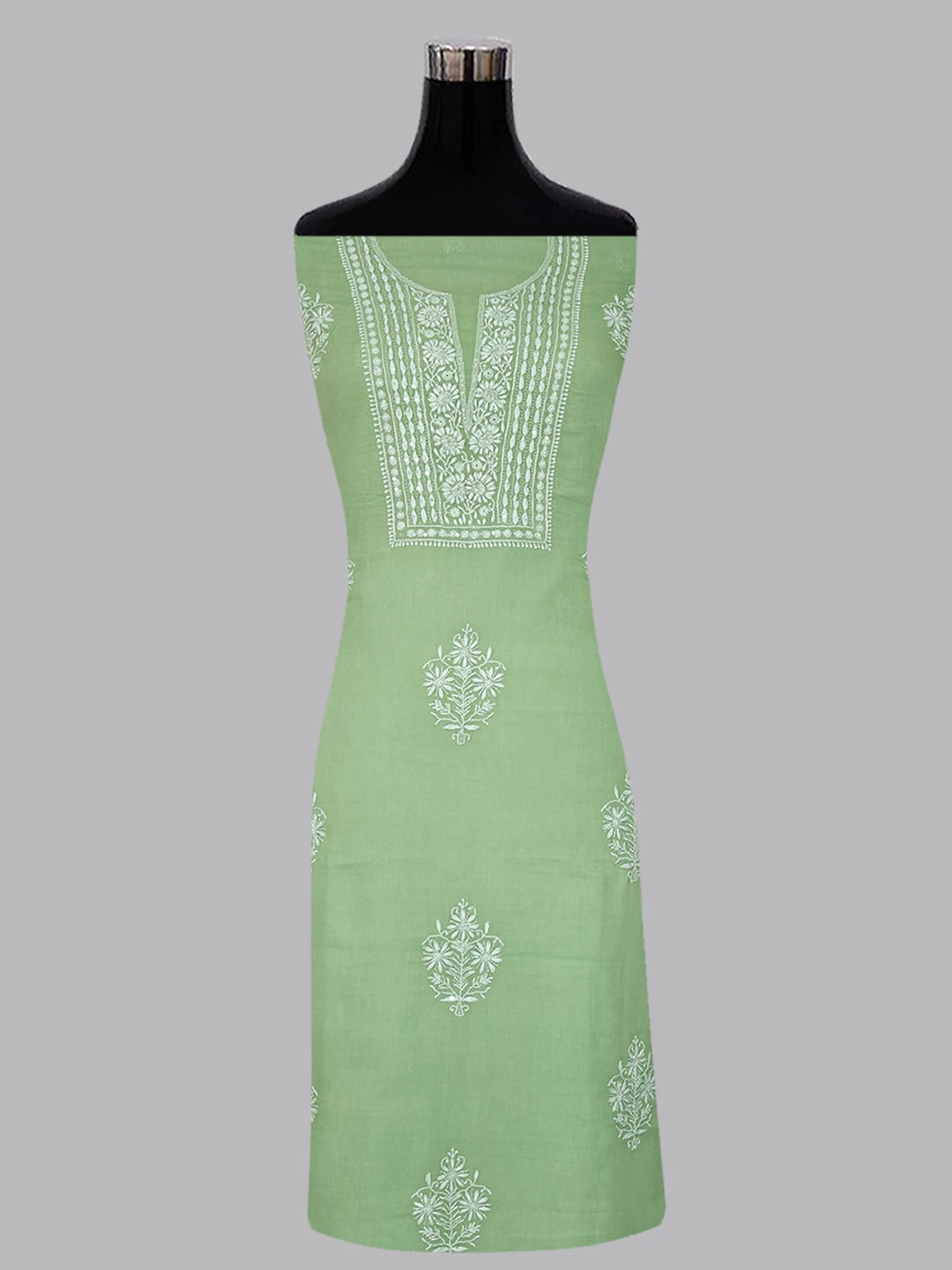Ada Hand Embroidered Sage Green Cotton Blend Lucknowi Chikanikari Unstitched Kurta Dupatta Set With Cutdana Work 01A361760