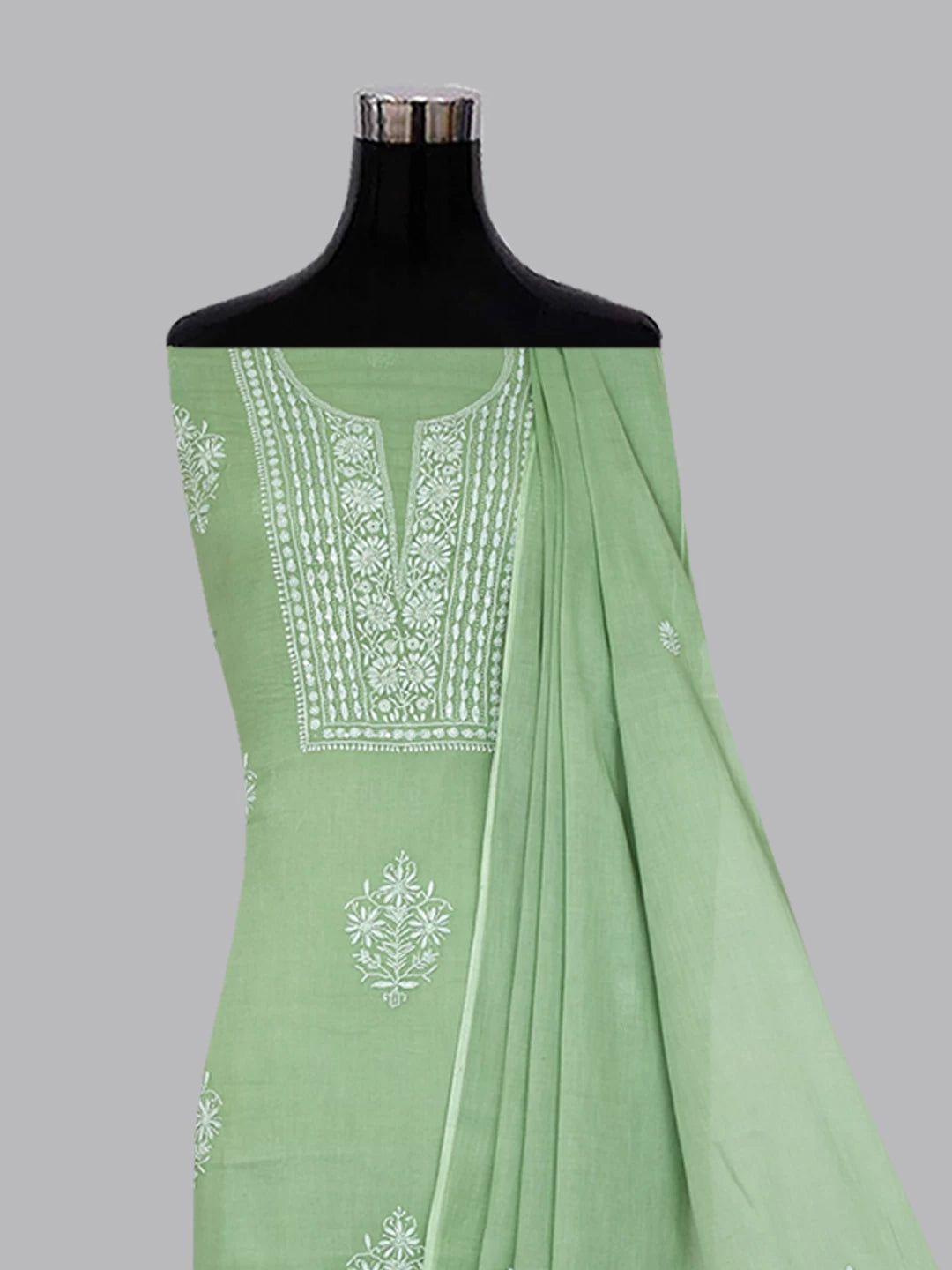 Ada Hand Embroidered Sage Green Cotton Blend Lucknowi Chikanikari Unstitched Kurta Dupatta Set With Cutdana Work 01A361760