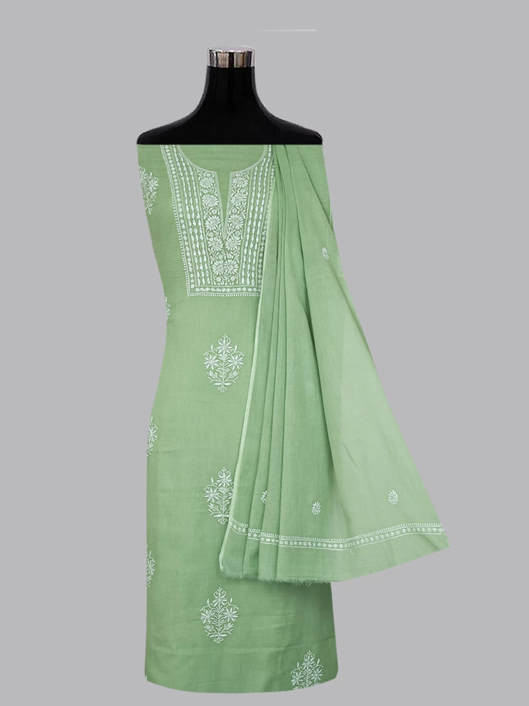 Ada Hand Embroidered Sage Green Cotton Blend Lucknowi Chikanikari Unstitched Kurta Dupatta Set With Cutdana Work 01A361760