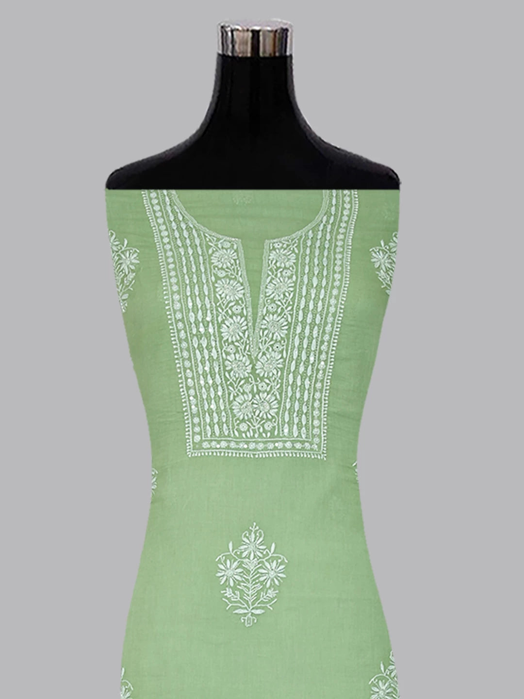 Ada Hand Embroidered Sage Green Cotton Blend Lucknowi Chikanikari Unstitched Kurta Dupatta Set With Cutdana Work 01A361760