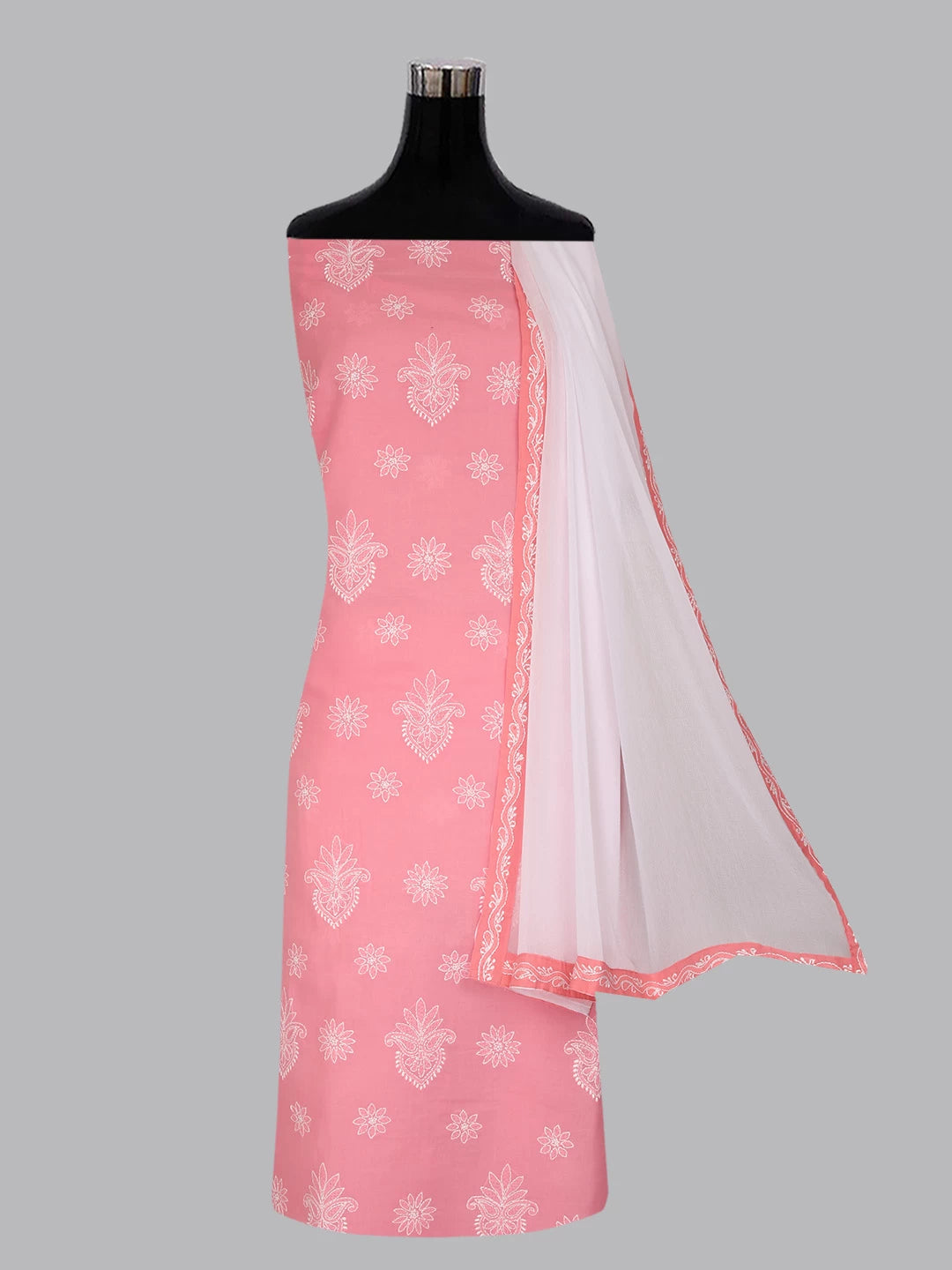 Ada Hand Embroidered Carrot Pink Cotton Lucknowi Chikankari Unstitched Suit Piece A211283