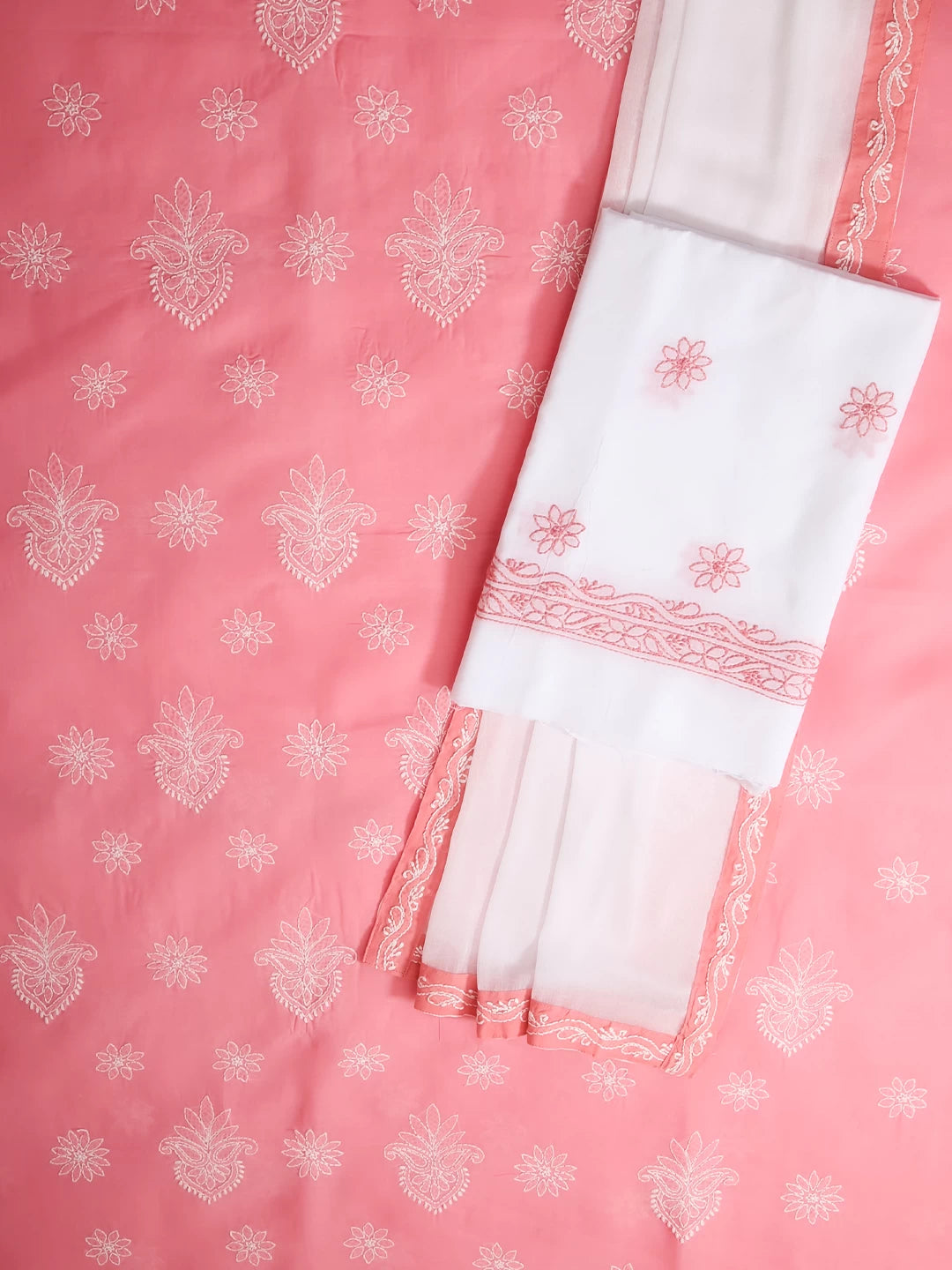 Ada Hand Embroidered Carrot Pink Cotton Lucknowi Chikankari Unstitched Suit Piece A211283