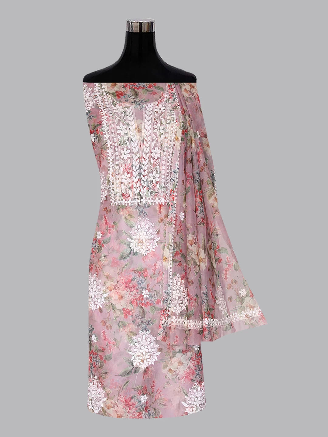 Ada Hand Embroidered Dusty Pink Organza Lucknowi Chikankari Unstitched Kurta Dupatta Set 01A402413