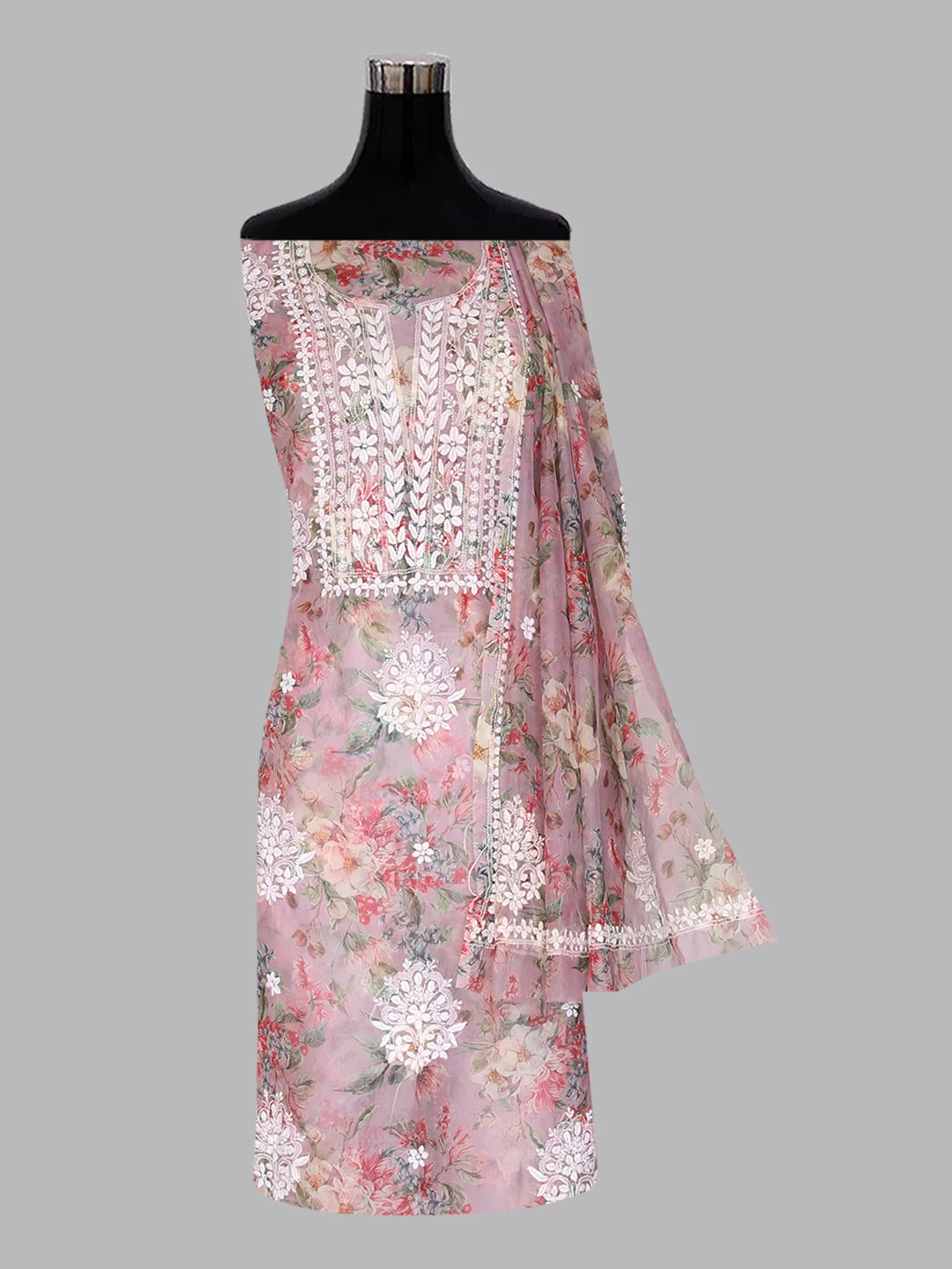 Ada Hand Embroidered Dusty Pink Organza Lucknowi Chikankari Unstitched Kurta Dupatta Set 01A402413