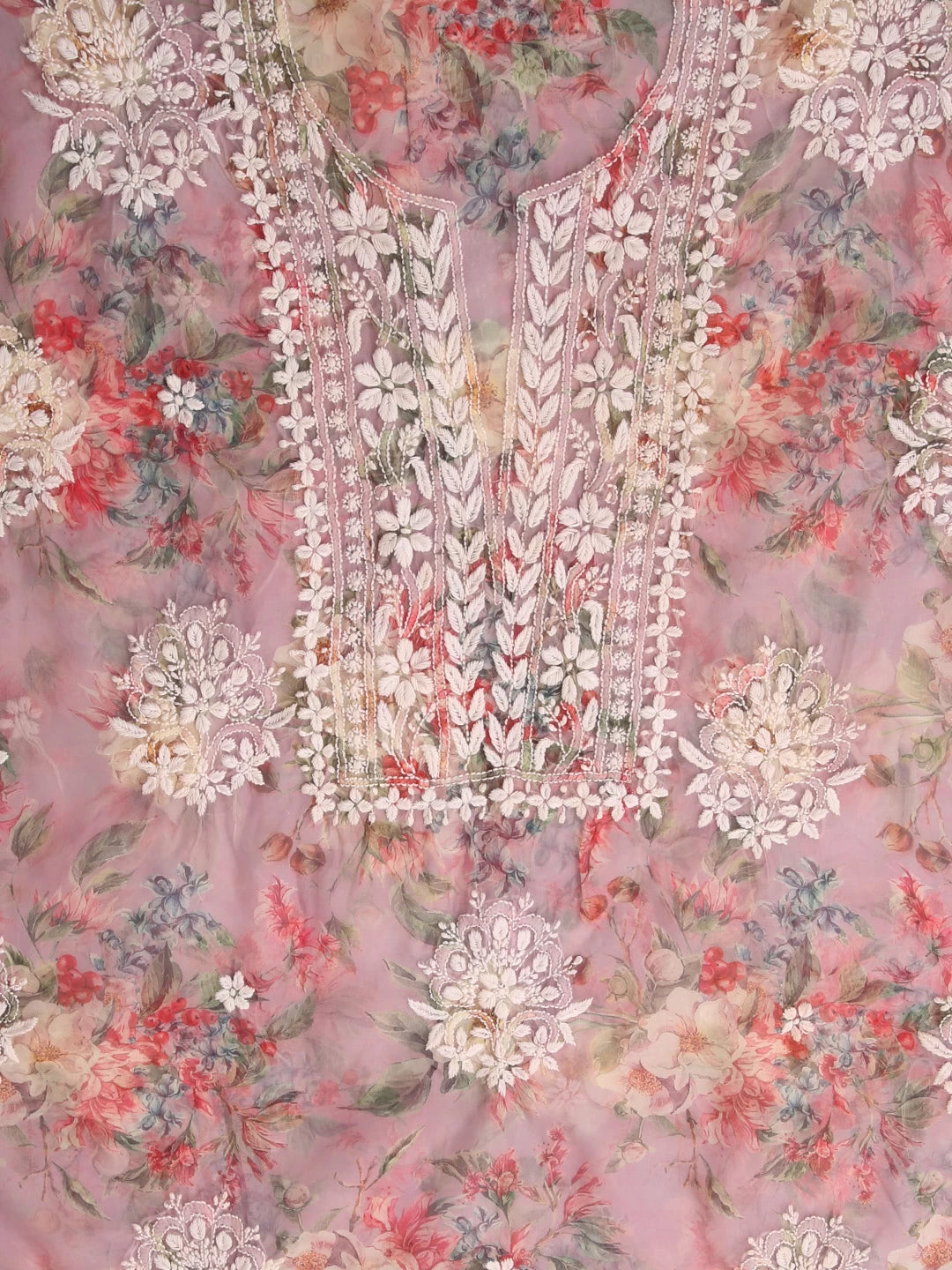 Ada Hand Embroidered Dusty Pink Organza Lucknowi Chikankari Unstitched Kurta Dupatta Set 01A402413