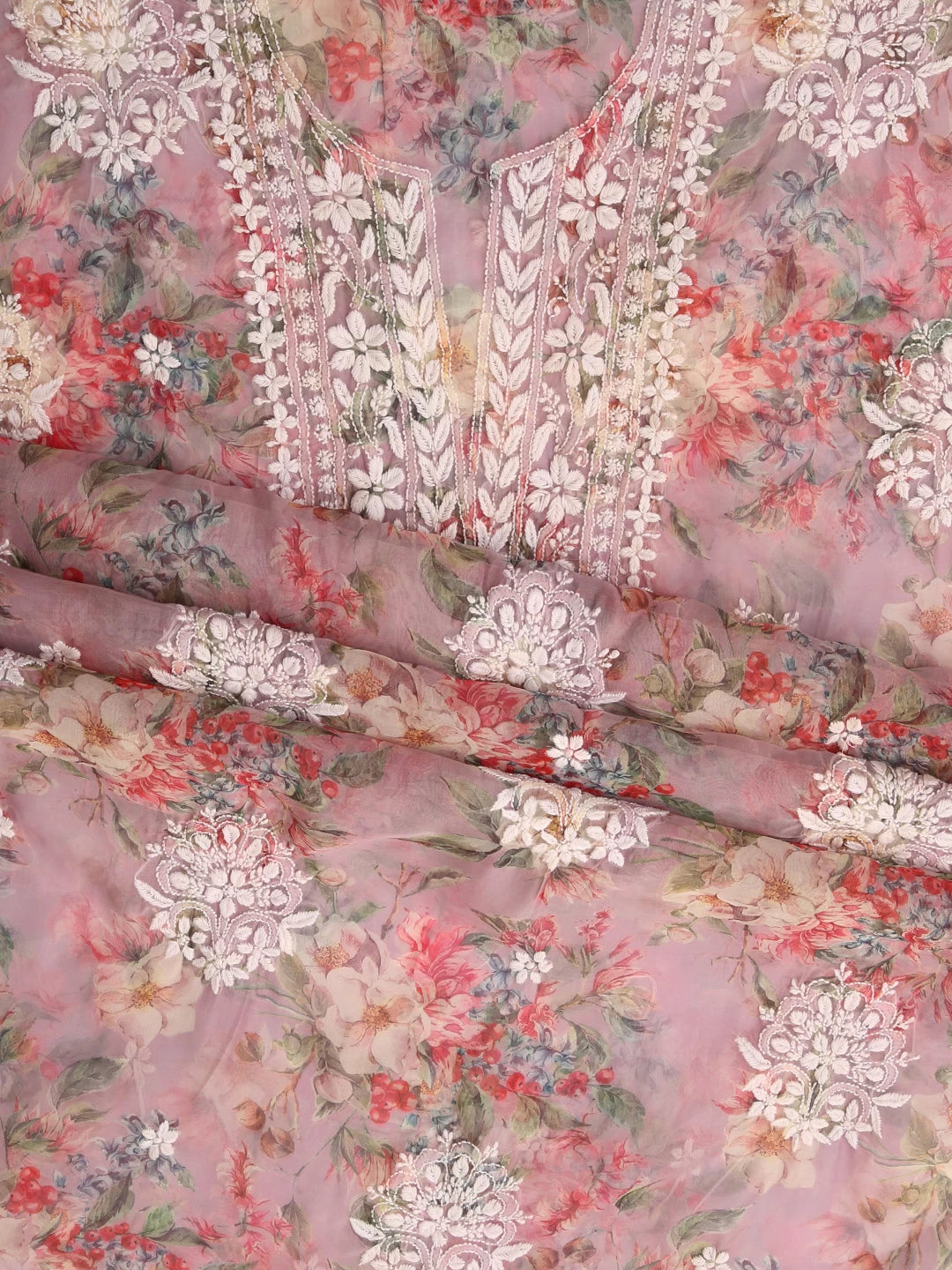 Ada Hand Embroidered Dusty Pink Organza Lucknowi Chikankari Unstitched Kurta Dupatta Set 01A402413