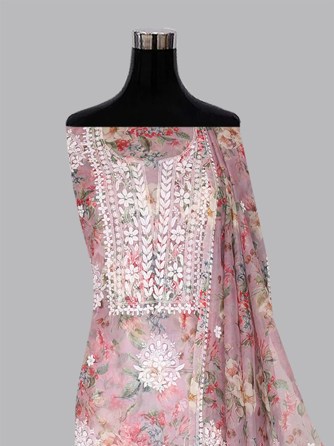 Ada Hand Embroidered Dusty Pink Organza Lucknowi Chikankari Unstitched Kurta Dupatta Set 01A402413