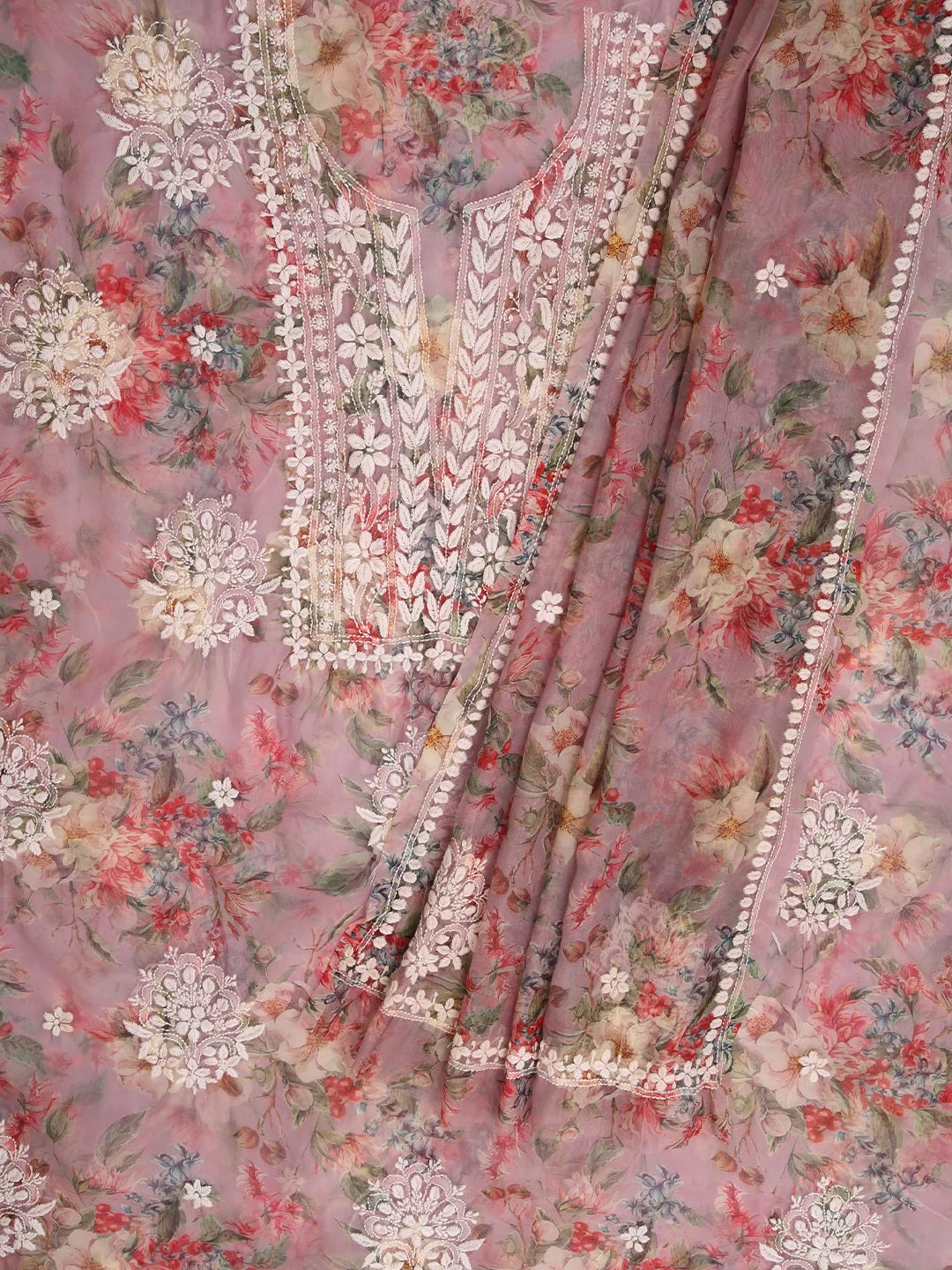 Ada Hand Embroidered Dusty Pink Organza Lucknowi Chikankari Unstitched Kurta Dupatta Set 01A402413
