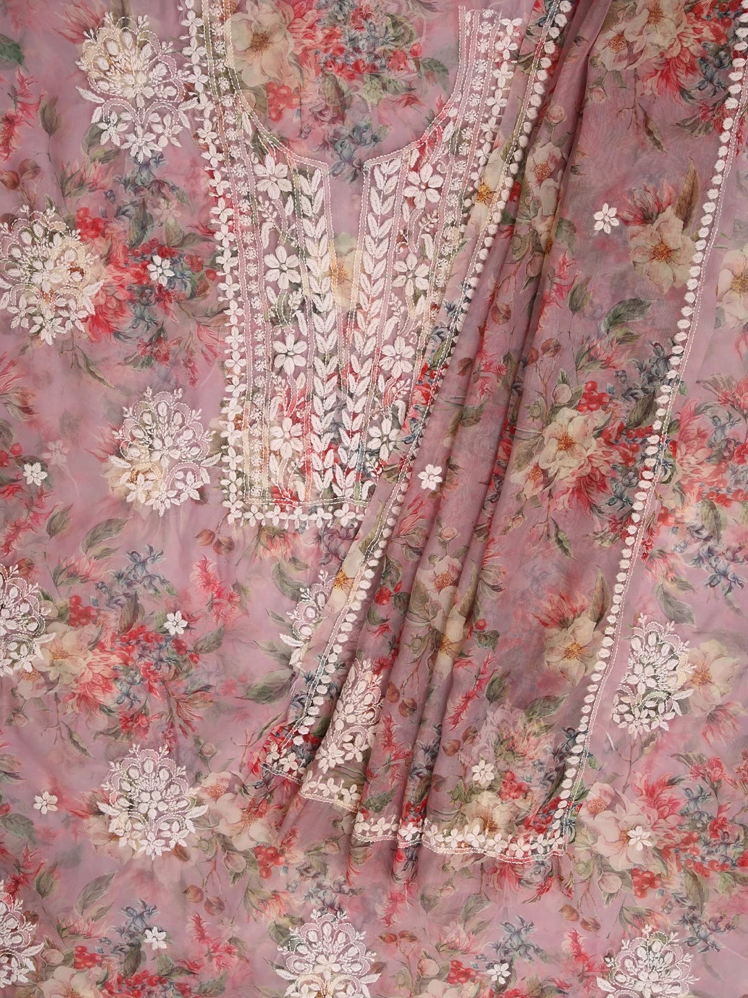 Ada Hand Embroidered Dusty Pink Organza Lucknowi Chikankari Unstitched Kurta Dupatta Set 01A402413