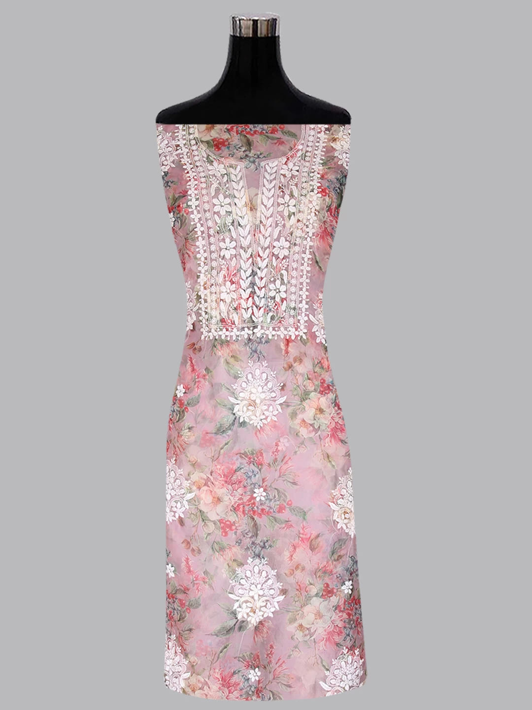 Ada Hand Embroidered Dusty Pink Organza Lucknowi Chikankari Unstitched Kurta Dupatta Set 01A402413