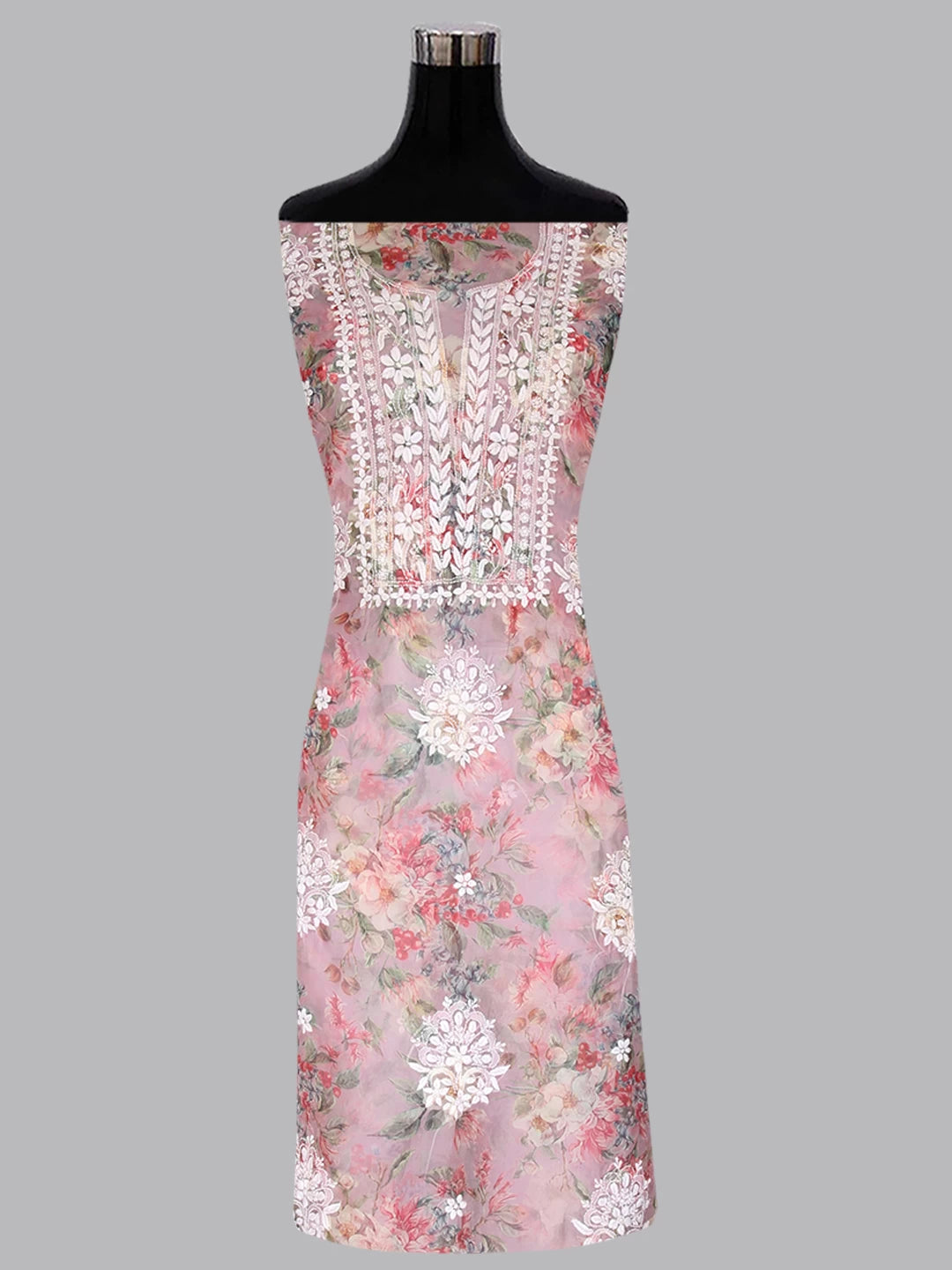 Ada Hand Embroidered Dusty Pink Organza Lucknowi Chikankari Unstitched Kurta Dupatta Set 01A402413