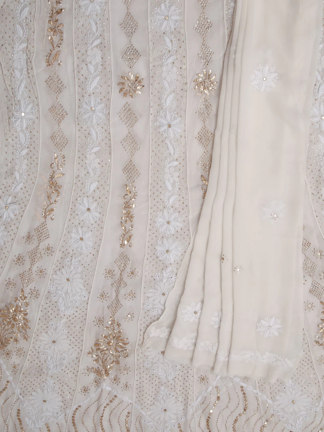 Ada Hand Embroidered Off White Pure Georgette Lucknowi Chikankari Semi-Stitched Anarkali Kurta Dupatta Set With Mukaish Work 01A414390