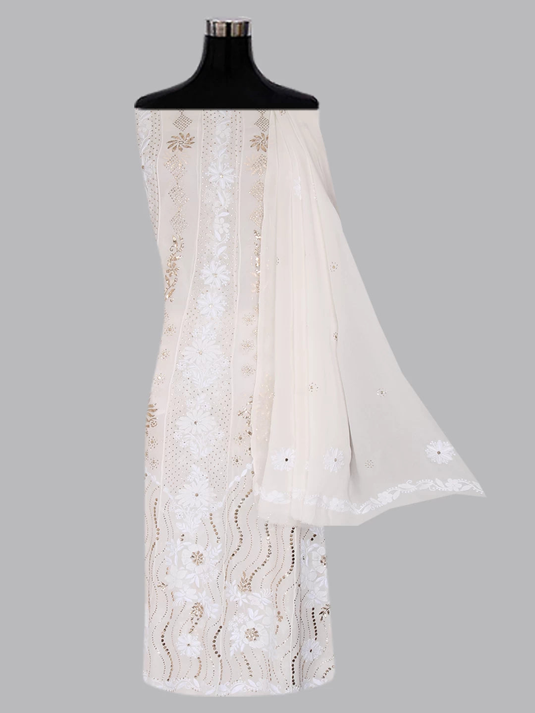 Ada Hand Embroidered Off White Pure Georgette Lucknowi Chikankari Semi-Stitched Anarkali Kurta Dupatta Set With Mukaish Work 01A414390