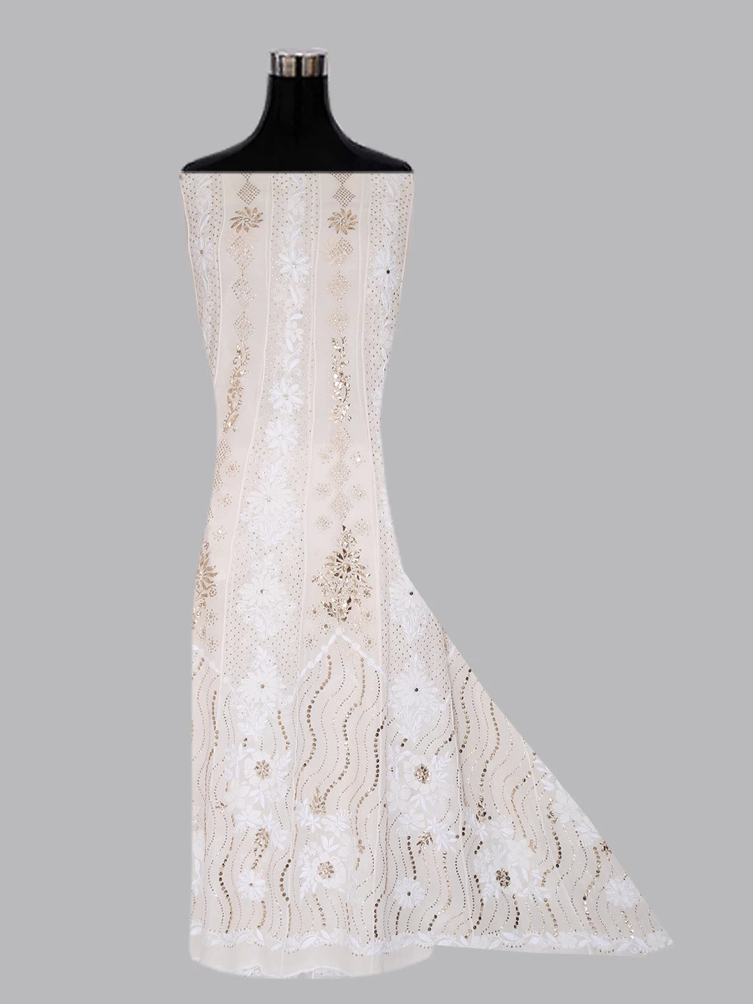 Ada Hand Embroidered Off White Pure Georgette Lucknowi Chikankari Semi-Stitched Anarkali Kurta Dupatta Set With Mukaish Work 01A414390