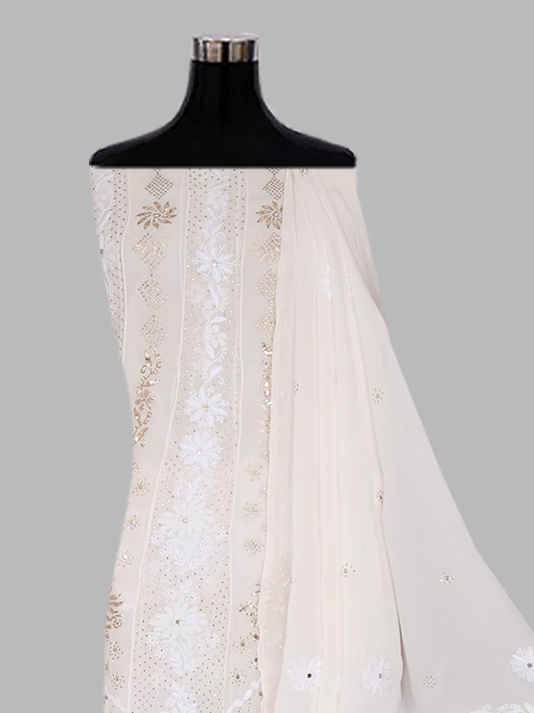 Ada Hand Embroidered Off White Pure Georgette Lucknowi Chikankari Semi-Stitched Anarkali Kurta Dupatta Set With Mukaish Work 01A414390