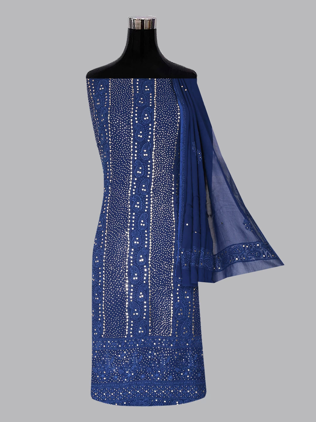 Ada Hand Embroidered Admiral Blue Viscose Georgette Lucknowi Chikankari Unstitched Kurta Dupatta Set With Mukaish Work 01A347782