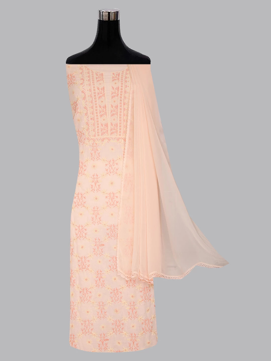 Ada Hand Embroidered Light Peach Cotton Lucknowi Chikankari Unstitched Suit Piece 01A426511
