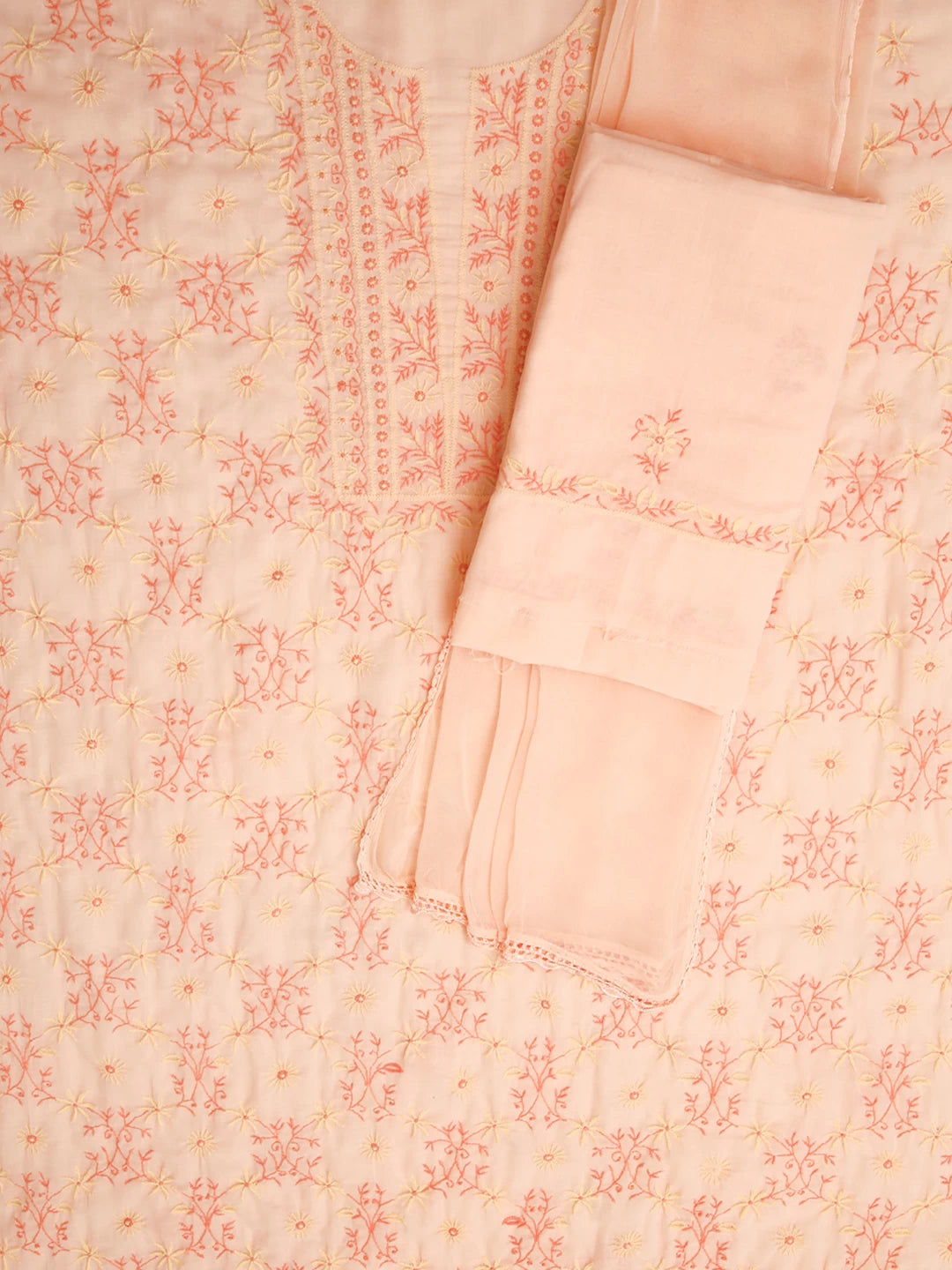 Ada Hand Embroidered Light Peach Cotton Lucknowi Chikankari Unstitched Suit Piece 01A426511