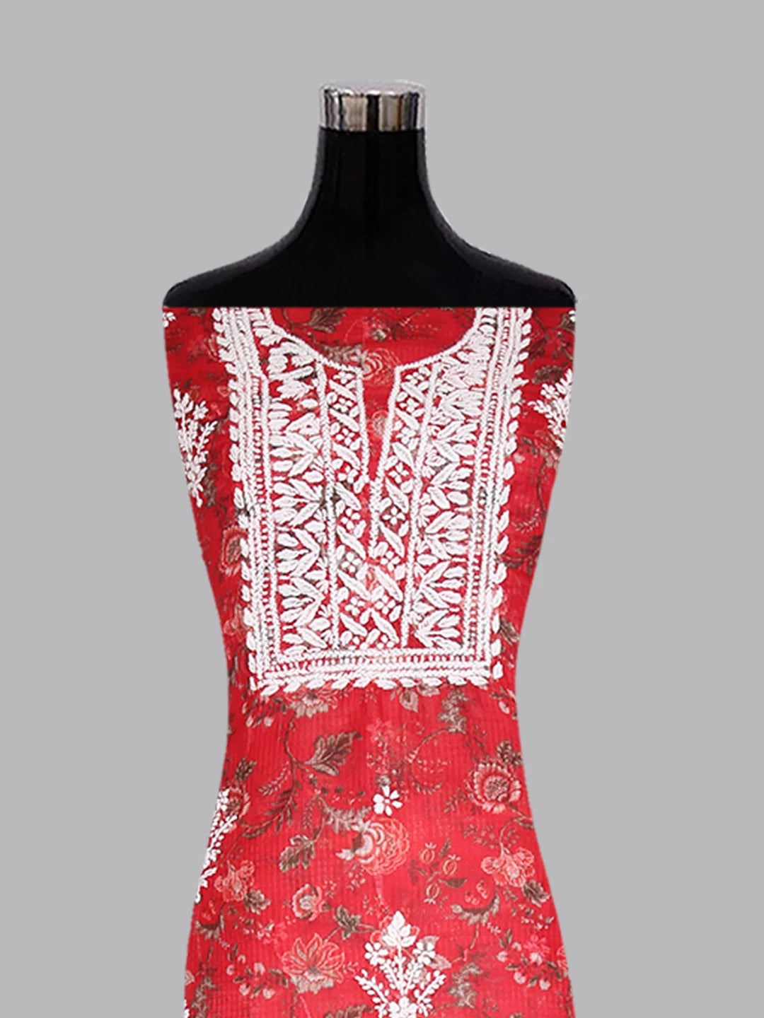 Ada Hand Embroidered Red Floral Printed Kota Lucknowi Chikankari Unstitched Kurta Piece 01A349778