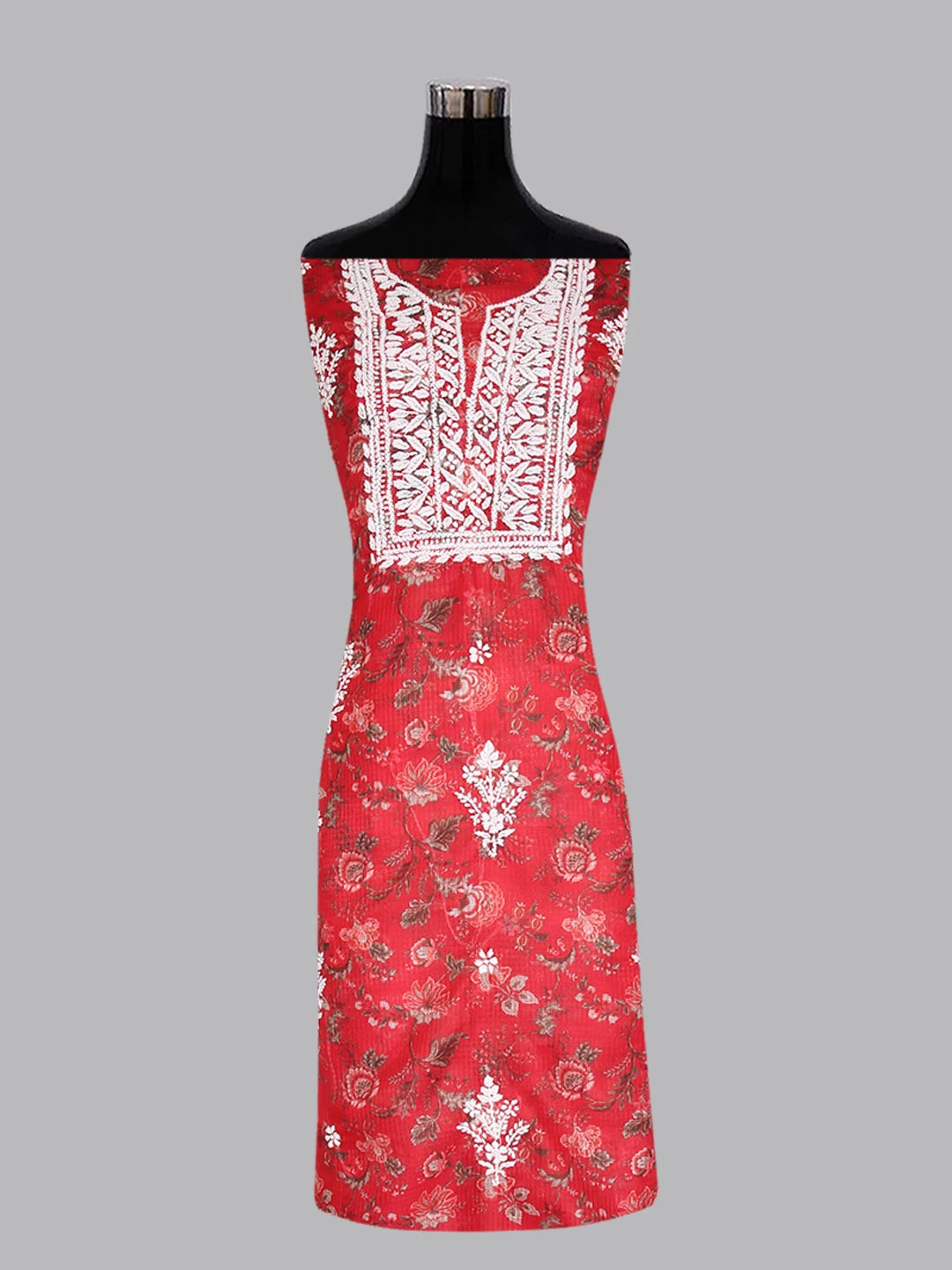 Ada Hand Embroidered Red Floral Printed Kota Lucknowi Chikankari Unstitched Kurta Piece 01A349778