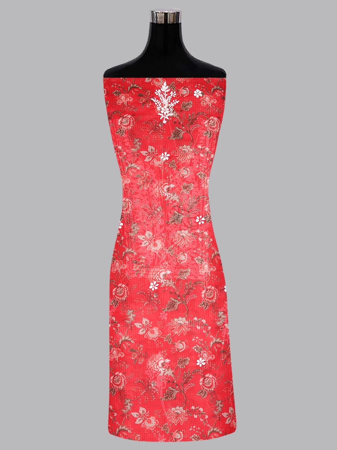 Ada Hand Embroidered Red Floral Printed Kota Lucknowi Chikankari Unstitched Kurta Piece 01A349778
