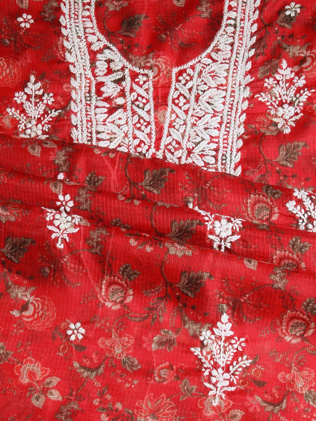 Ada Hand Embroidered Red Floral Printed Kota Lucknowi Chikankari Unstitched Kurta Piece 01A349778