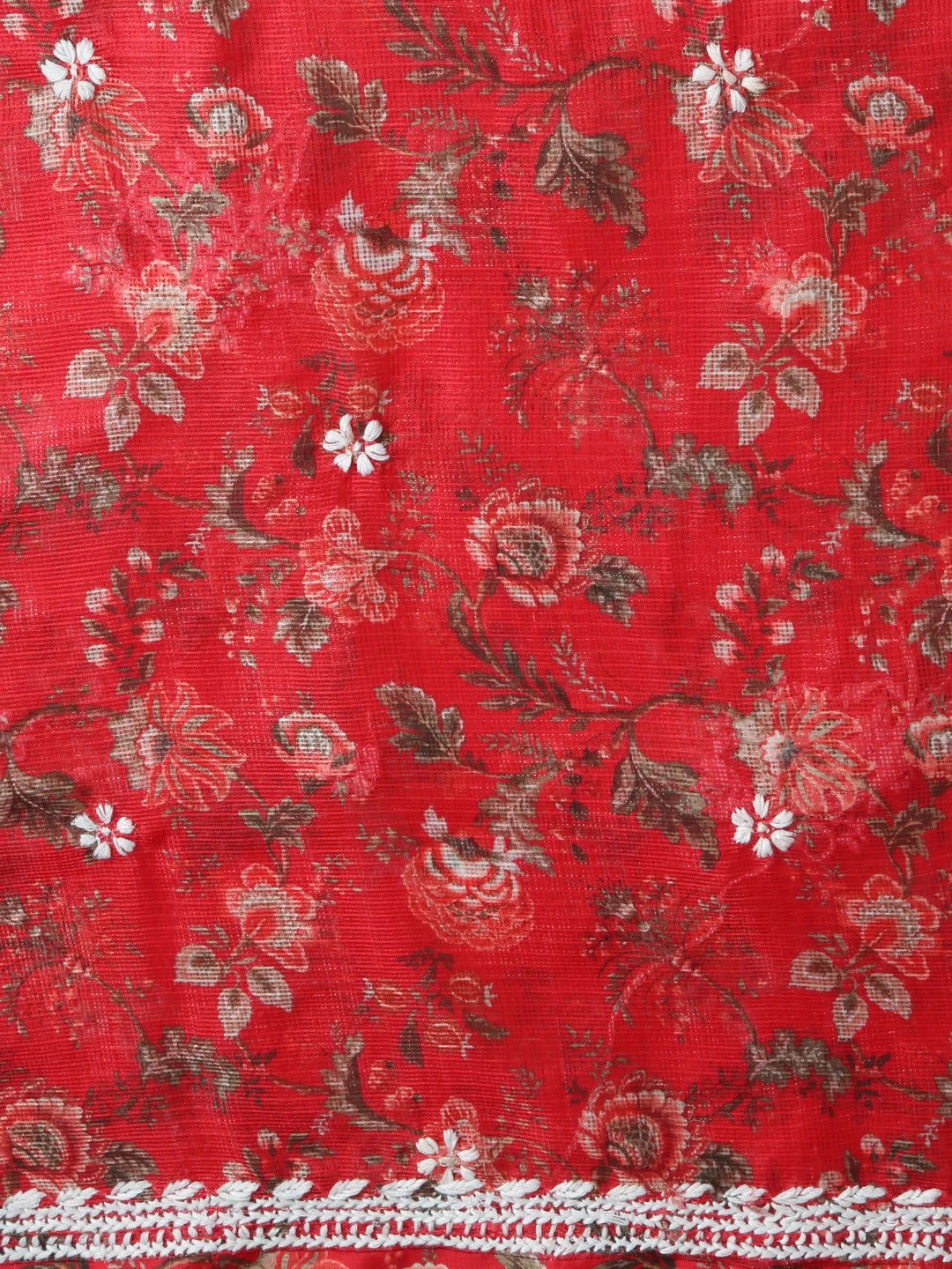Ada Hand Embroidered Red Floral Printed Kota Lucknowi Chikankari Unstitched Kurta Piece 01A349778