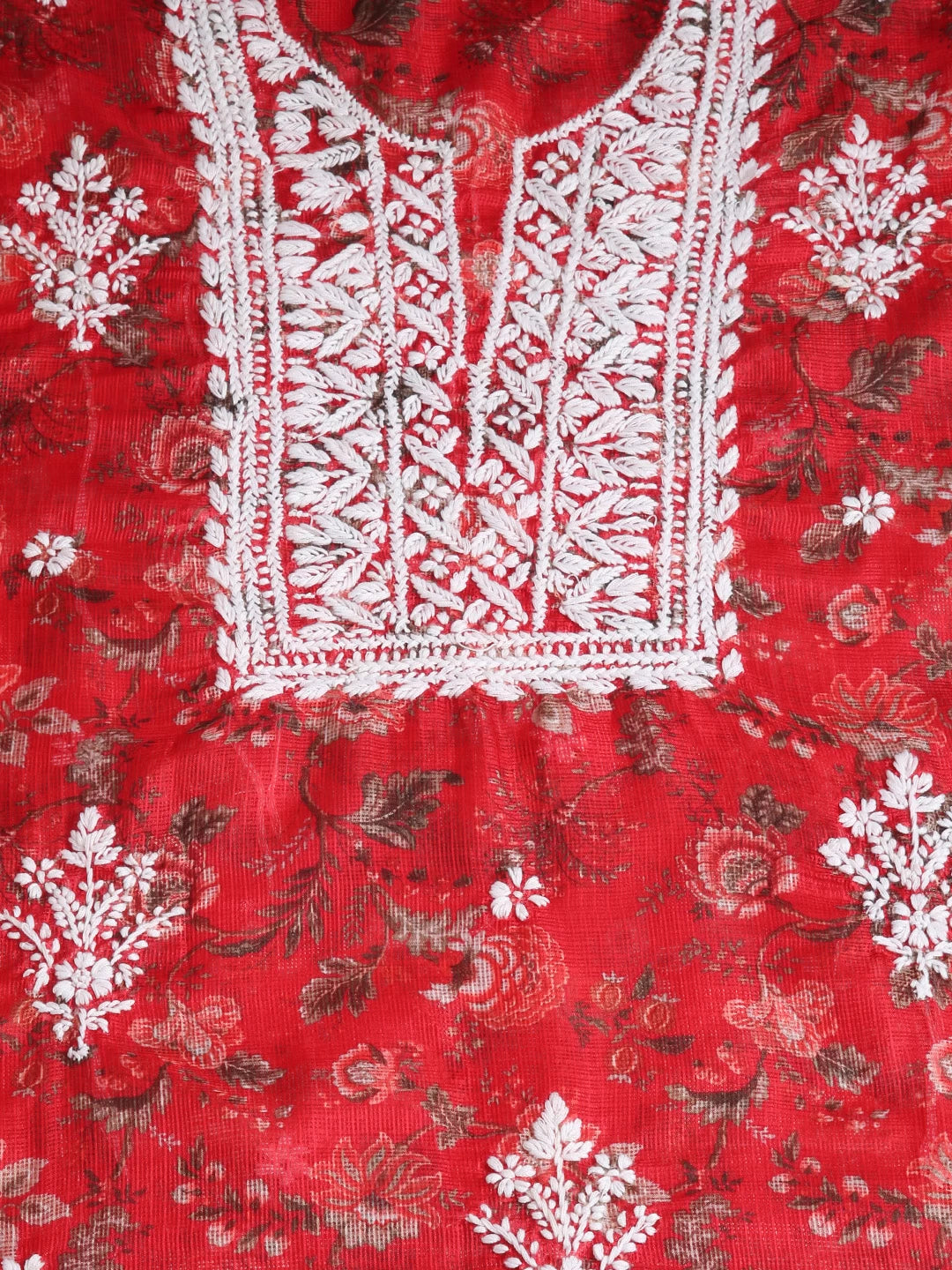 Ada Hand Embroidered Red Floral Printed Kota Lucknowi Chikankari Unstitched Kurta Piece 01A349778
