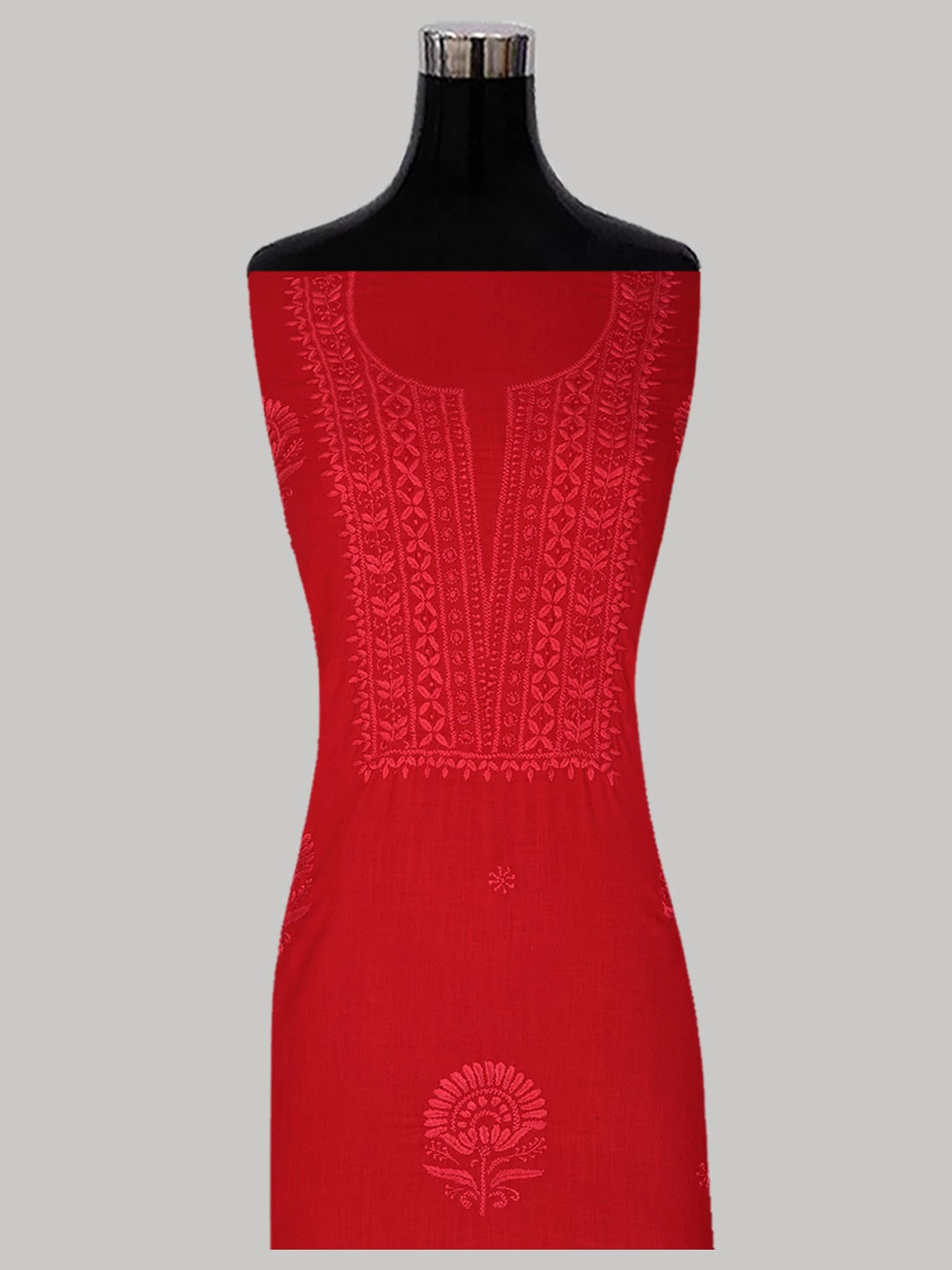 Ada Hand Embroidered Red Cotton Blend Lucknowi Chikankari Unstitched Kurta Piece 01A338426