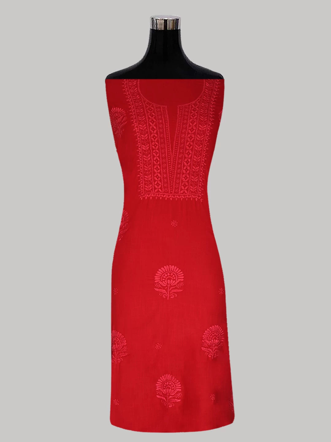 Ada Hand Embroidered Red Cotton Blend Lucknowi Chikankari Unstitched Kurta Piece 01A338426