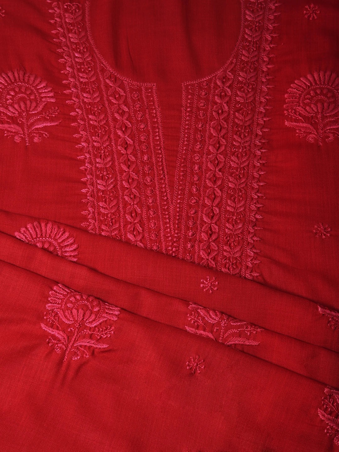 Ada Hand Embroidered Red Cotton Blend Lucknowi Chikankari Unstitched Kurta Piece 01A338426