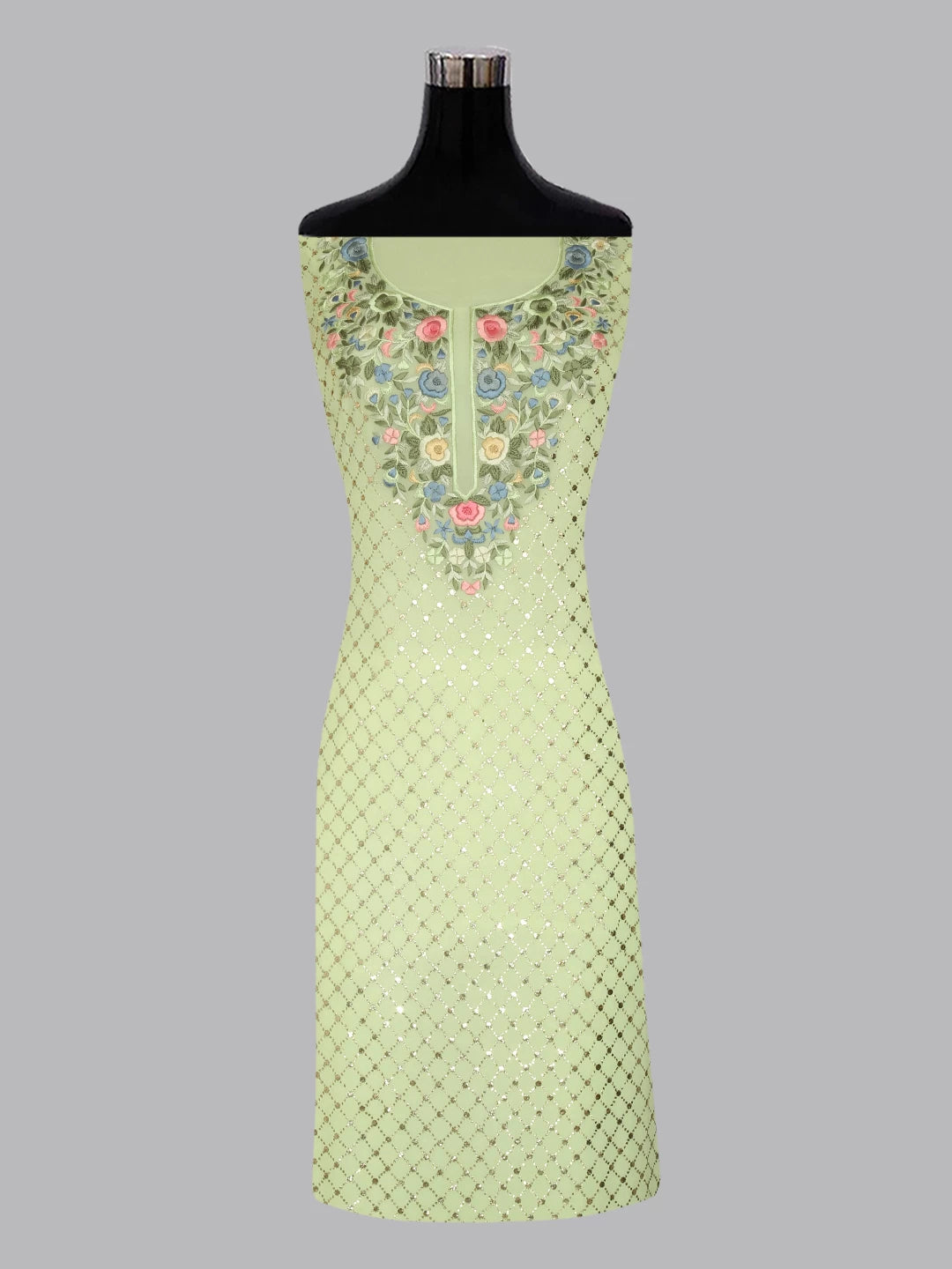 Ada Hand Embroidered Pista Green Viscose Georgette Lucknowi Chikankari Unstitched Kurta Dupatta Set With Parsi Work 01A378725