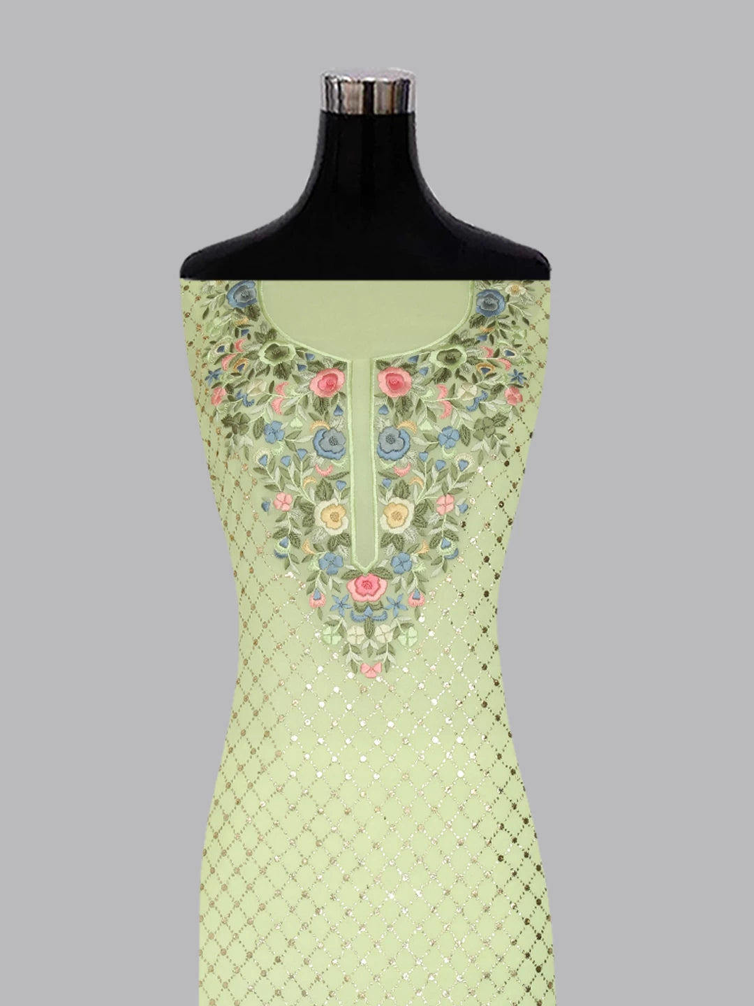 Ada Hand Embroidered Pista Green Viscose Georgette Lucknowi Chikankari Unstitched Kurta Dupatta Set With Parsi Work 01A378725