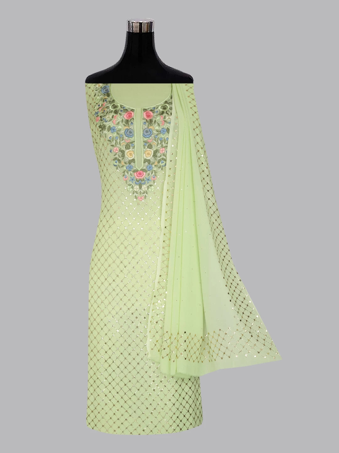 Ada Hand Embroidered Pista Green Viscose Georgette Lucknowi Chikankari Unstitched Kurta Dupatta Set With Parsi Work 01A378725