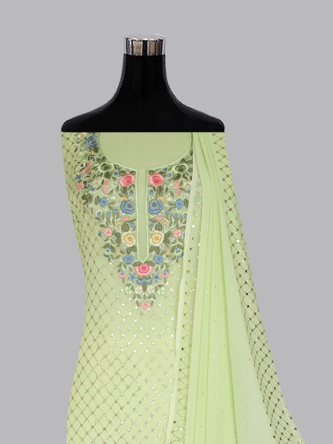 Ada Hand Embroidered Pista Green Viscose Georgette Lucknowi Chikankari Unstitched Kurta Dupatta Set With Parsi Work 01A378725
