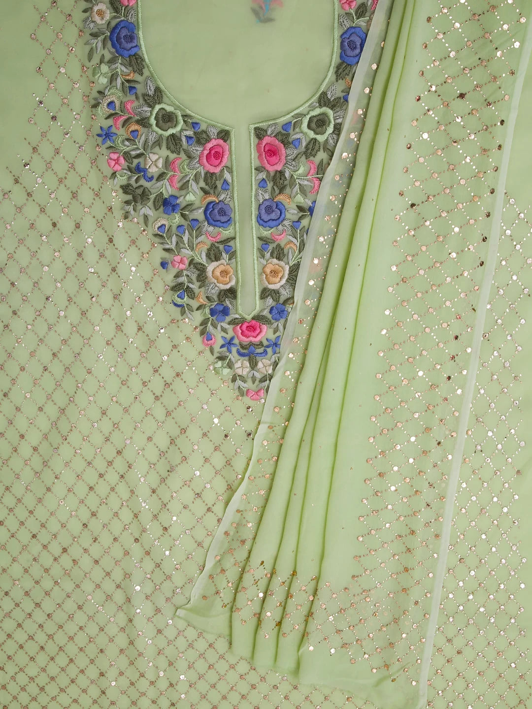 Ada Hand Embroidered Pista Green Viscose Georgette Lucknowi Chikankari Unstitched Kurta Dupatta Set With Parsi Work 01A378725